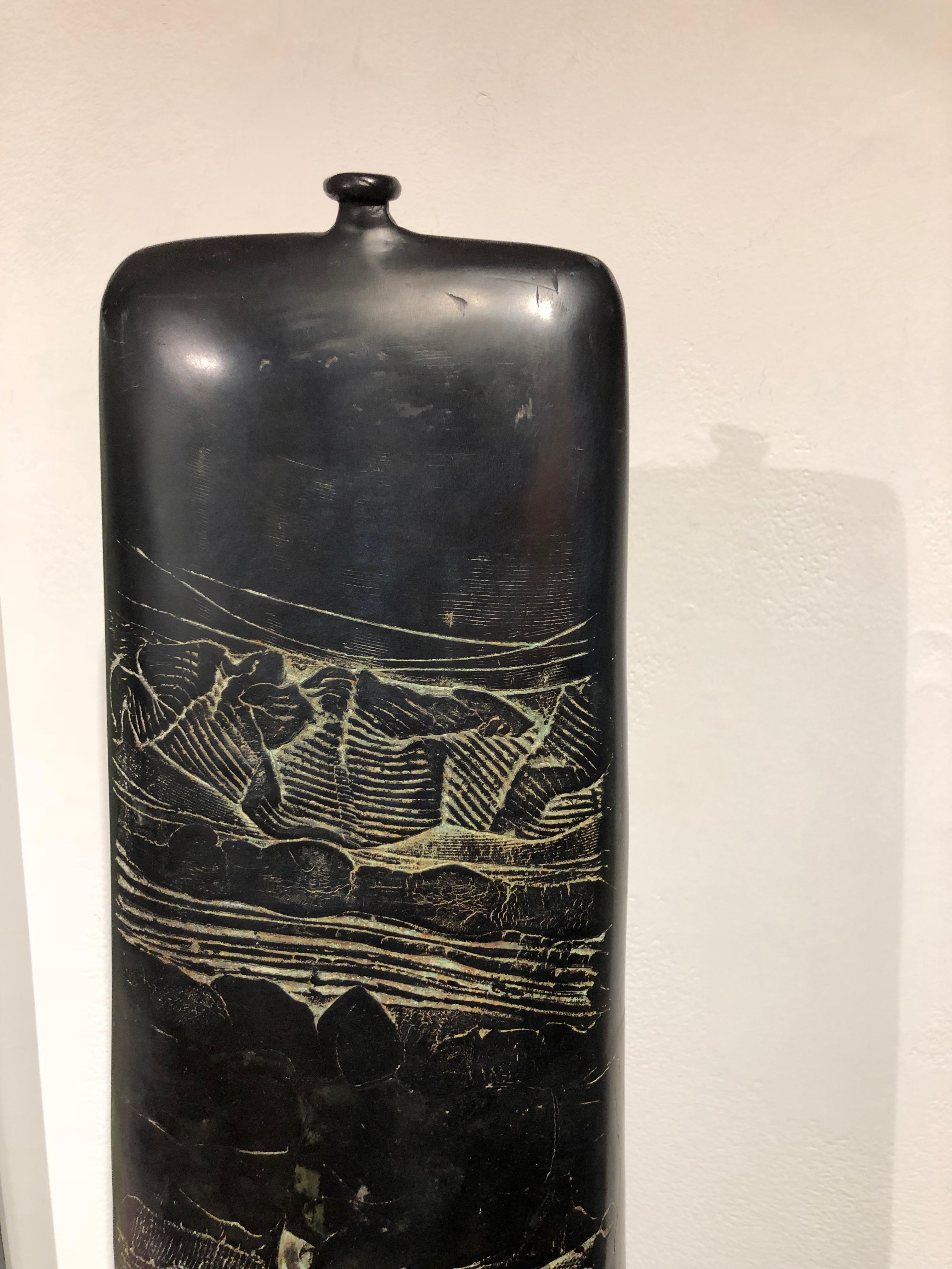 Black Bottle, Unique Handmade Black Ceramic Vessel Obelisk Sculpture 2