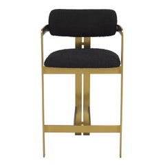 Black Bouclé Fabric and Brass Finishes Counter Bar Stool