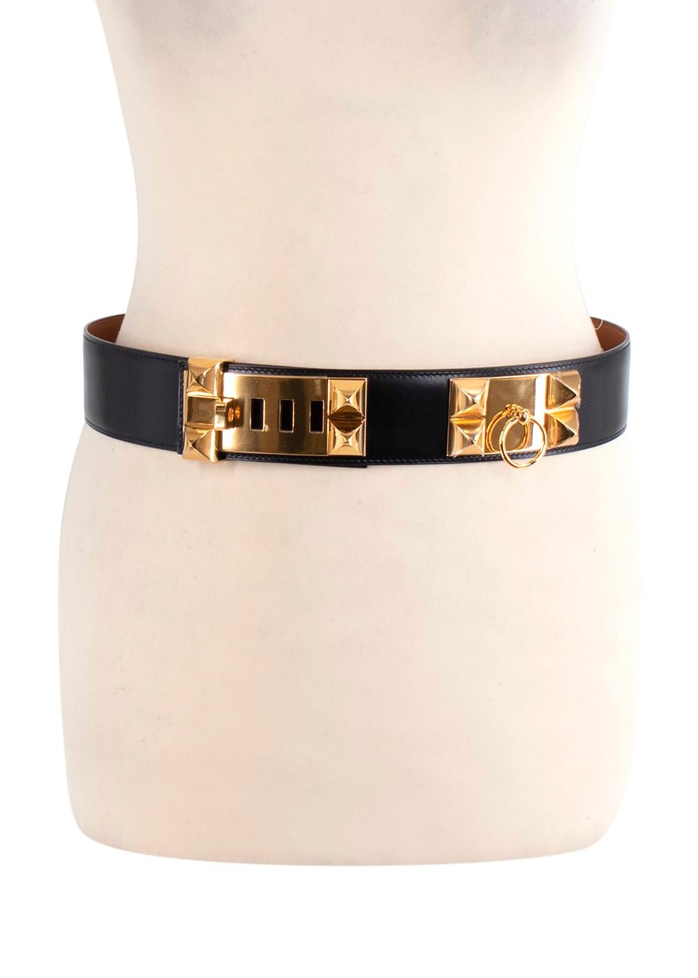 Hermes black Box Calf leather Collier de Chien 50 belt GHW 75

- Date stamp: [R] 2014
- Box calfskin leather belt with gold plated rhodium metal buckle and hardware 
- Light brown leather interior with subtle branding 

Materials
Leather
Rhodium