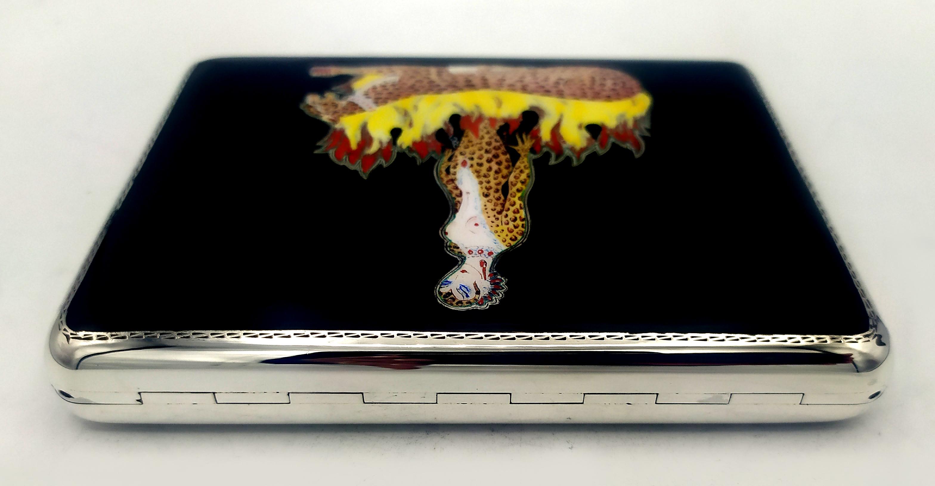 Argent sterling Boîte noire Erté inspiration avec femme, léopard et flammes peinte à la main Salimbeni en vente