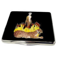 Scatola nera d'ispirazione Erté con donna, leopardo e fiamme dipinte a mano Salimbeni