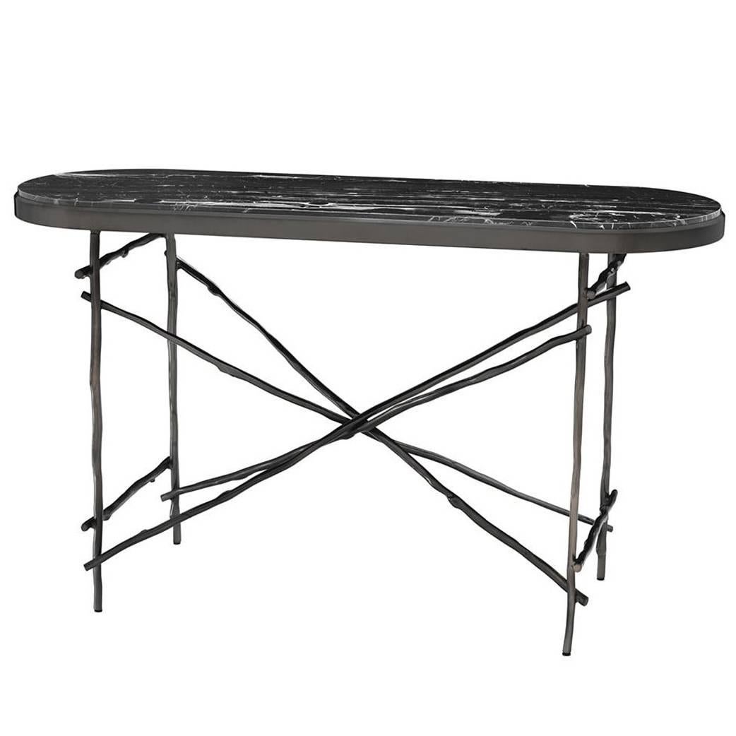 Table console à branches noires avec plateau en marbre noir