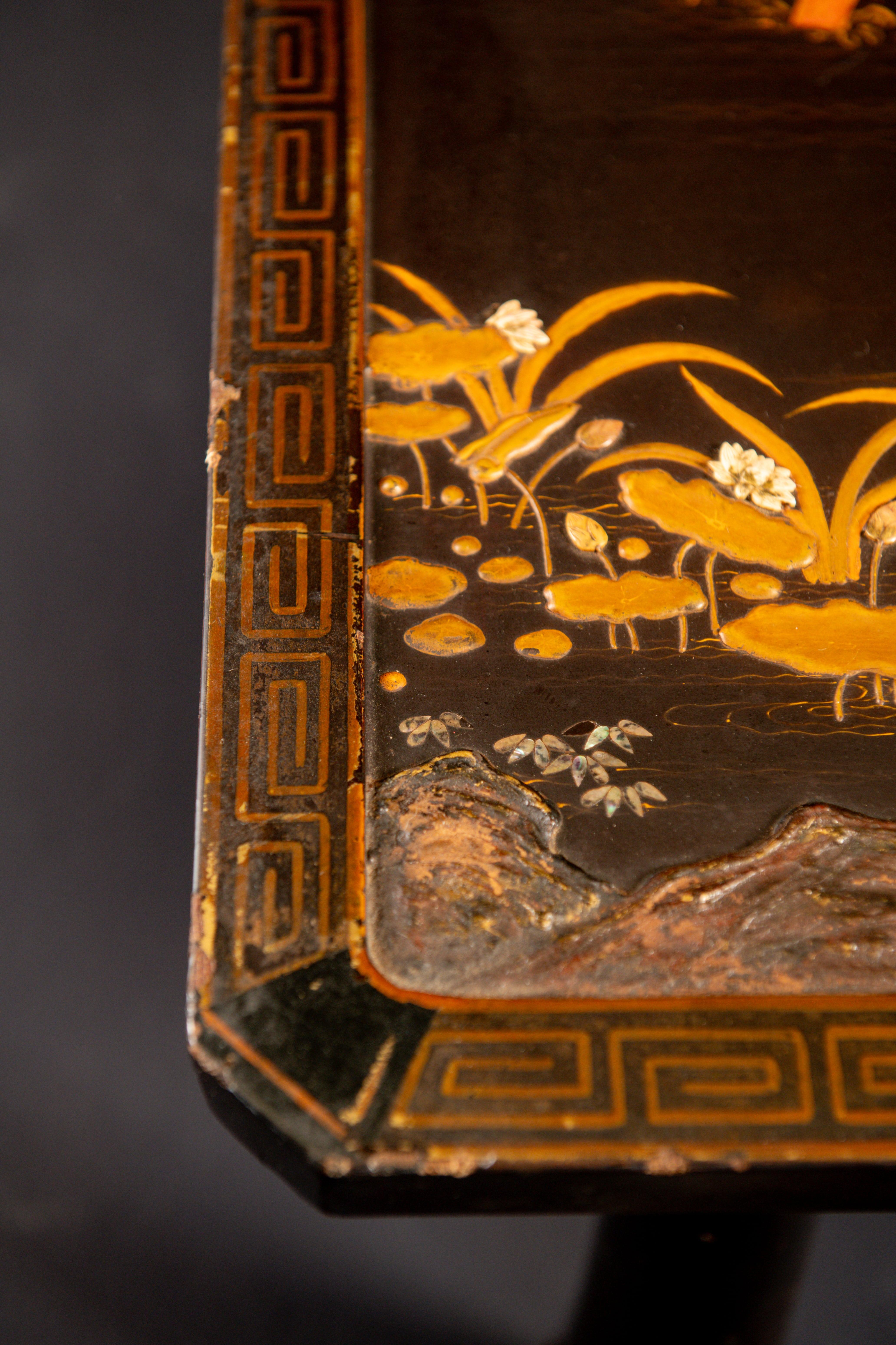 Chinese Black & Brass Coromandel Table with Greek Key Detail