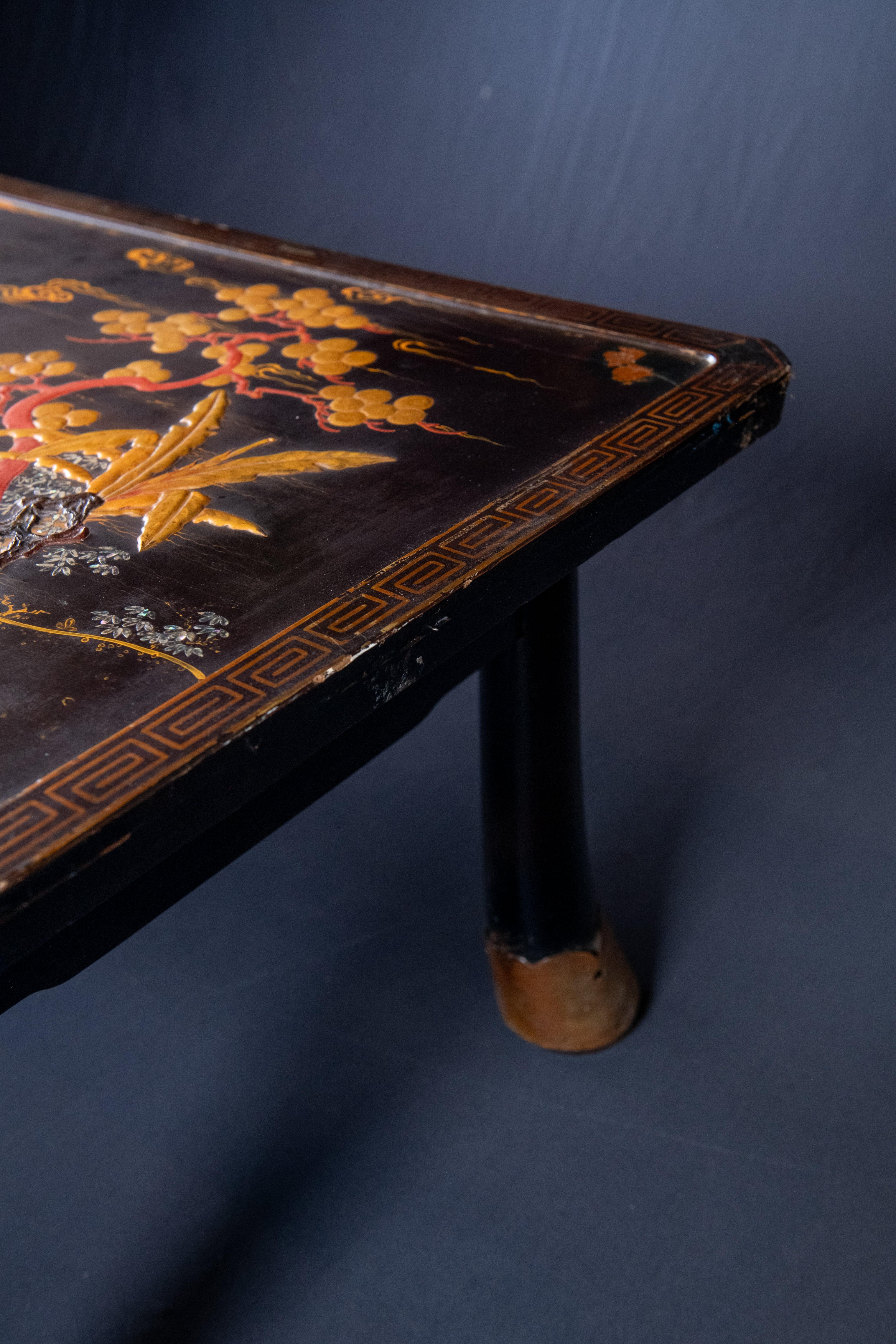 Lacquered Black & Brass Coromandel Table with Greek Key Detail
