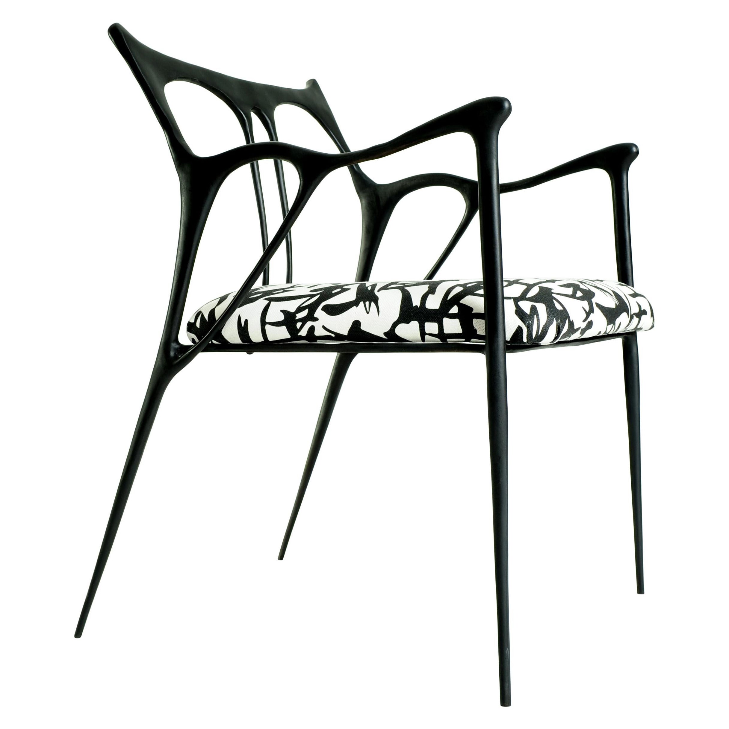 Black Brass Sculpted Chair with Black-and-White Pattern Upholstery by Misaya