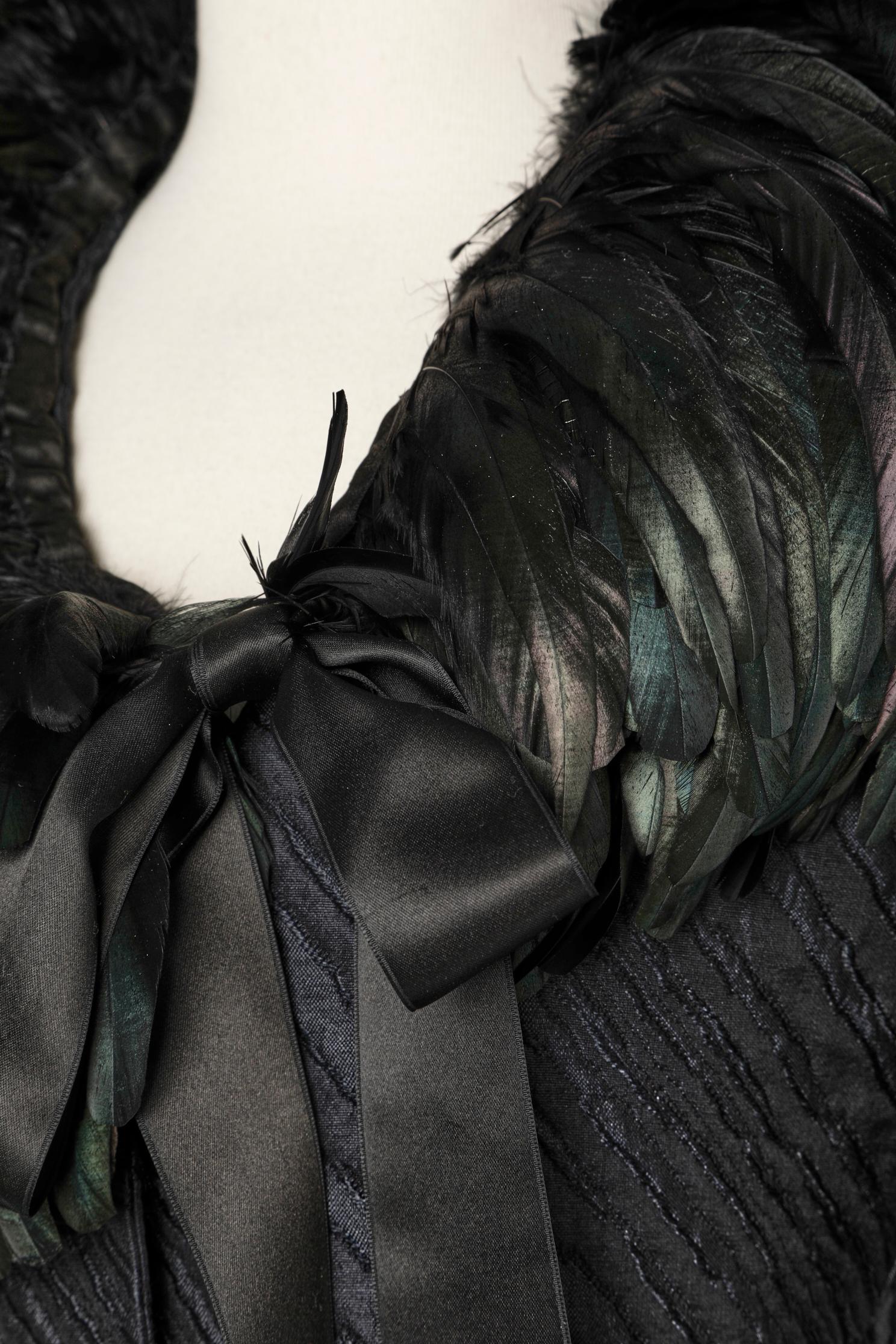 Black brocade skirt-suit with rooster feathers collar Saint Laurent Rive Gauche In Excellent Condition In Saint-Ouen-Sur-Seine, FR