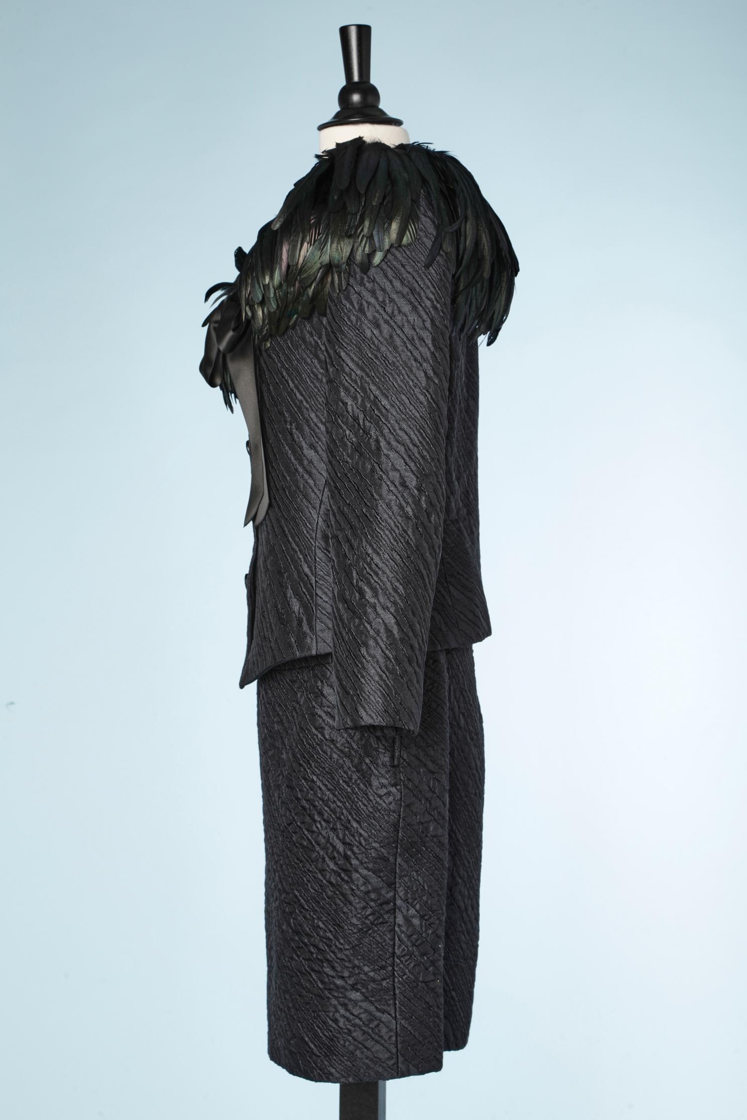 Women's Black brocade skirt-suit with rooster feathers collar Saint Laurent Rive Gauche  For Sale