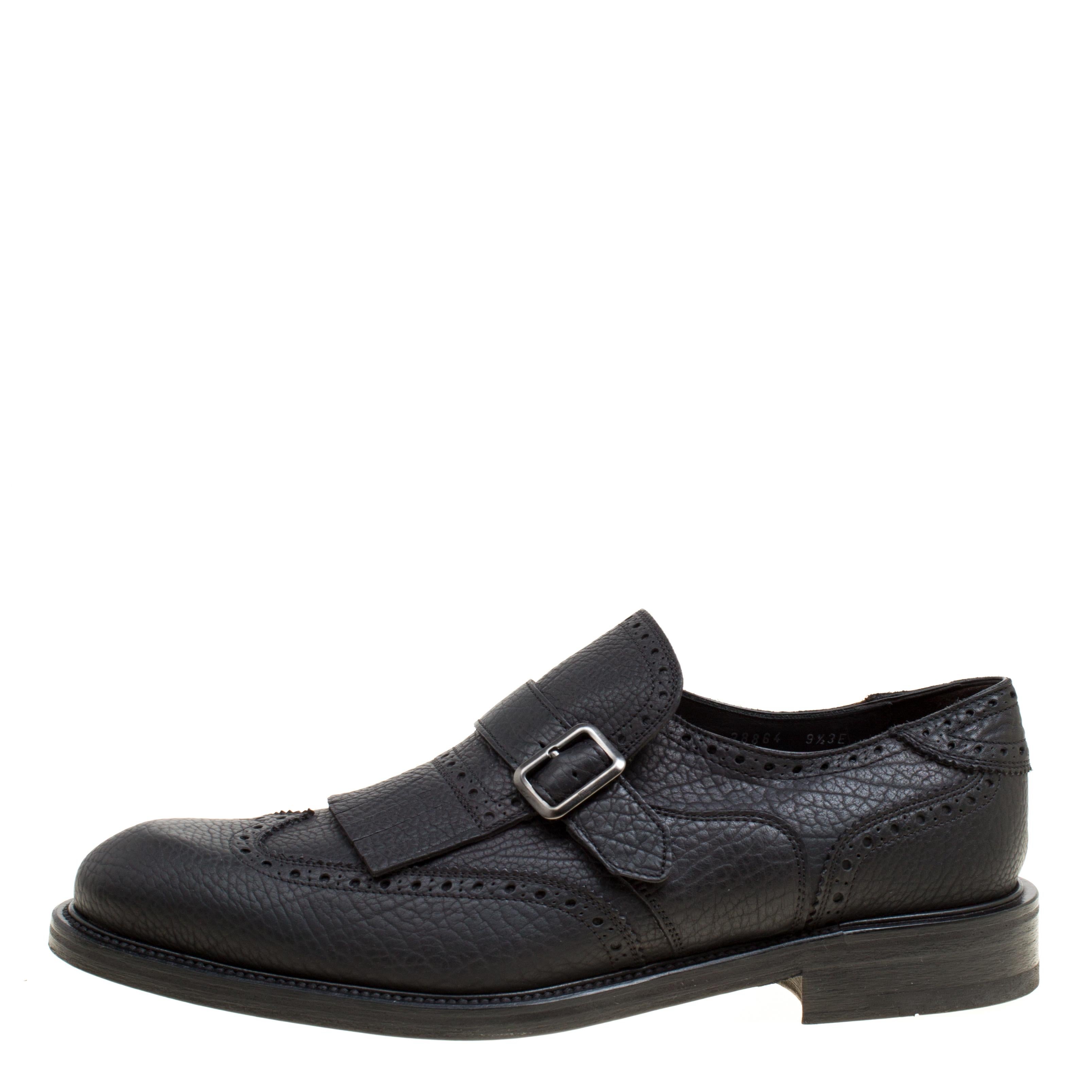 Black Brogue Leather Genesis Fringe Detail Wingtip Loafers Size 43.5 3