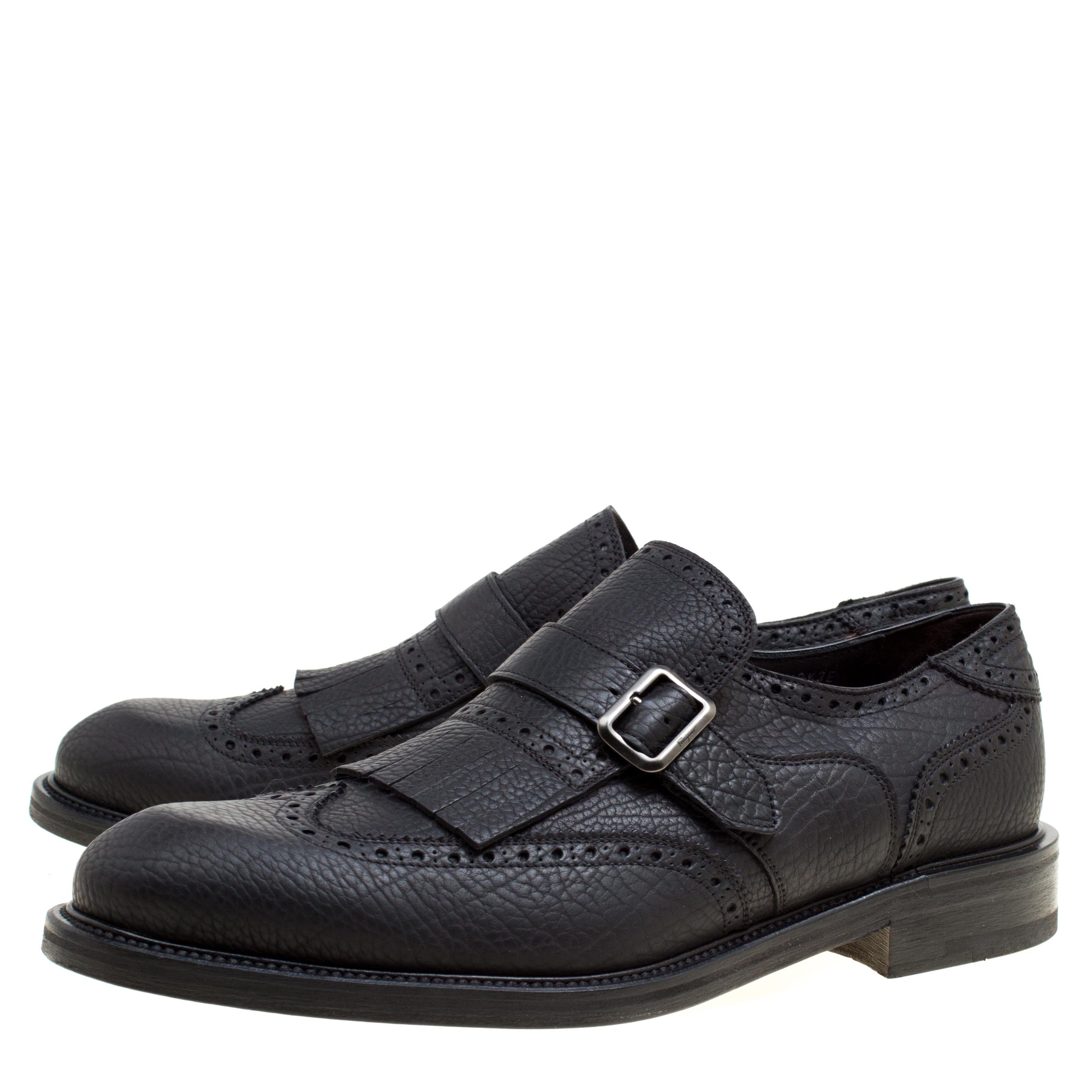Black Brogue Leather Genesis Fringe Detail Wingtip Loafers Size 43.5 4