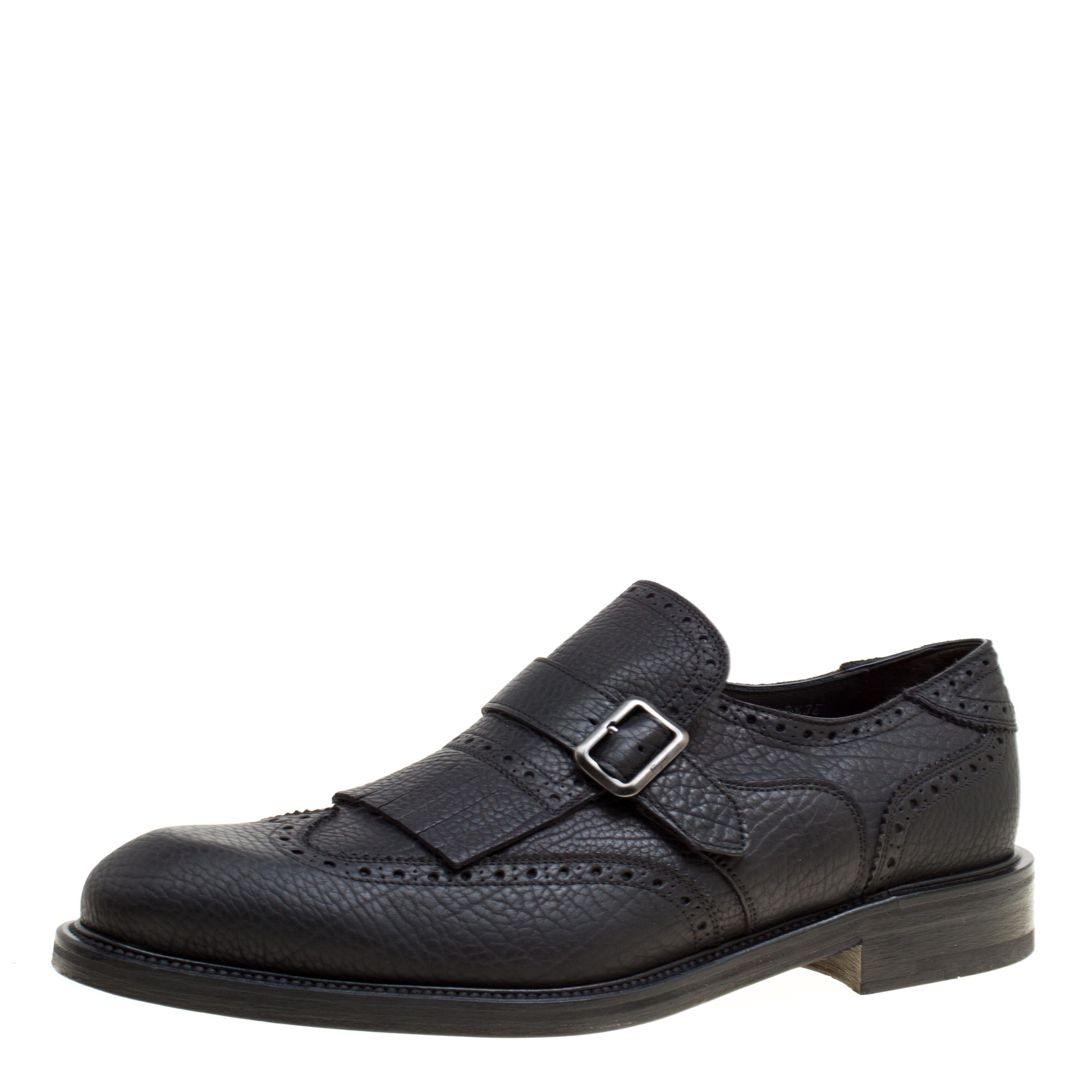 Black Brogue Leather Genesis Fringe Detail Wingtip Loafers Size 43.5