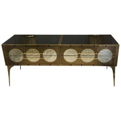 Vintage Black Bronze and Gold Opalines Glass Chest of Drawers, Brass Fittings, 1980s