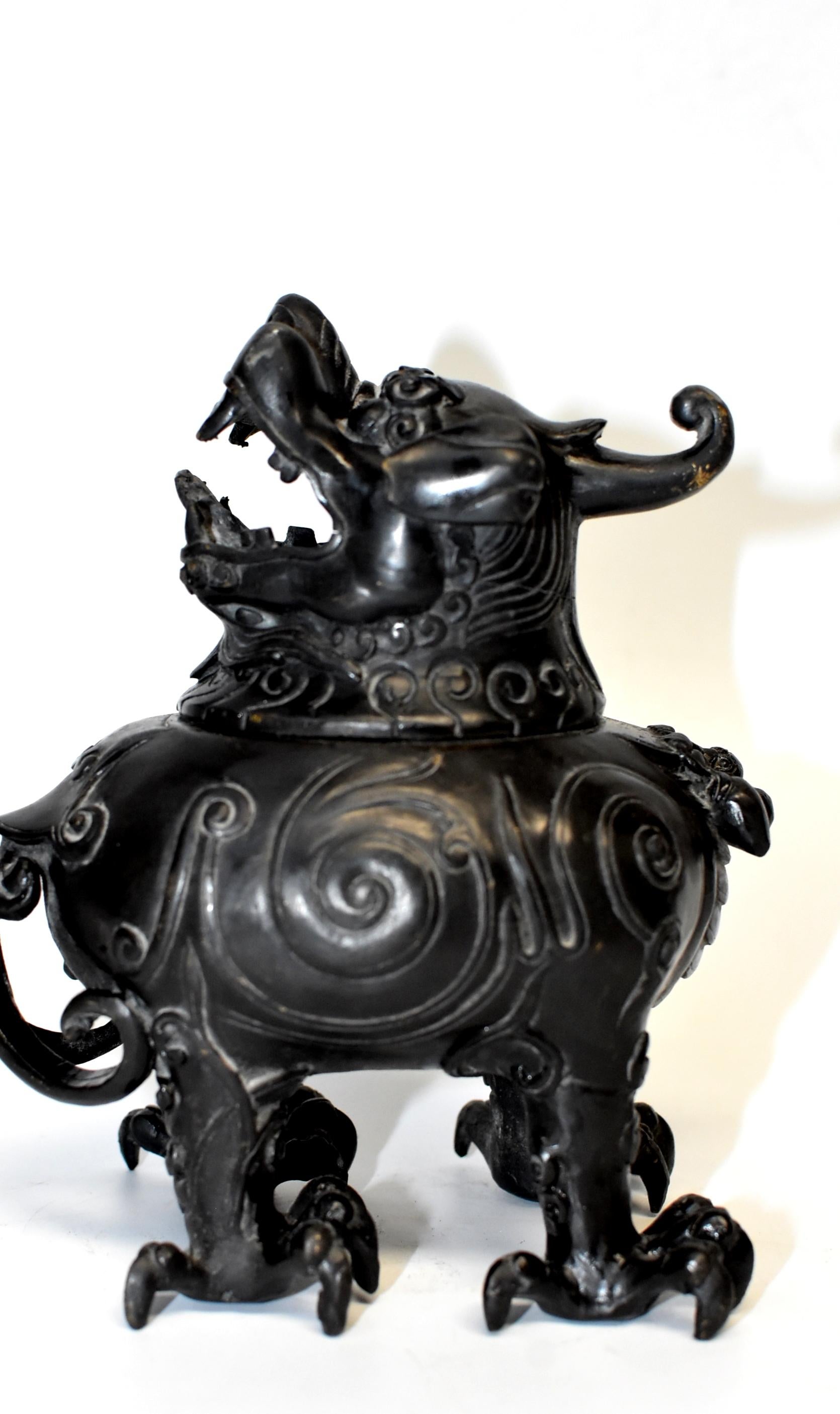 Chinese Black Bronze Incense Burner in Beast Form