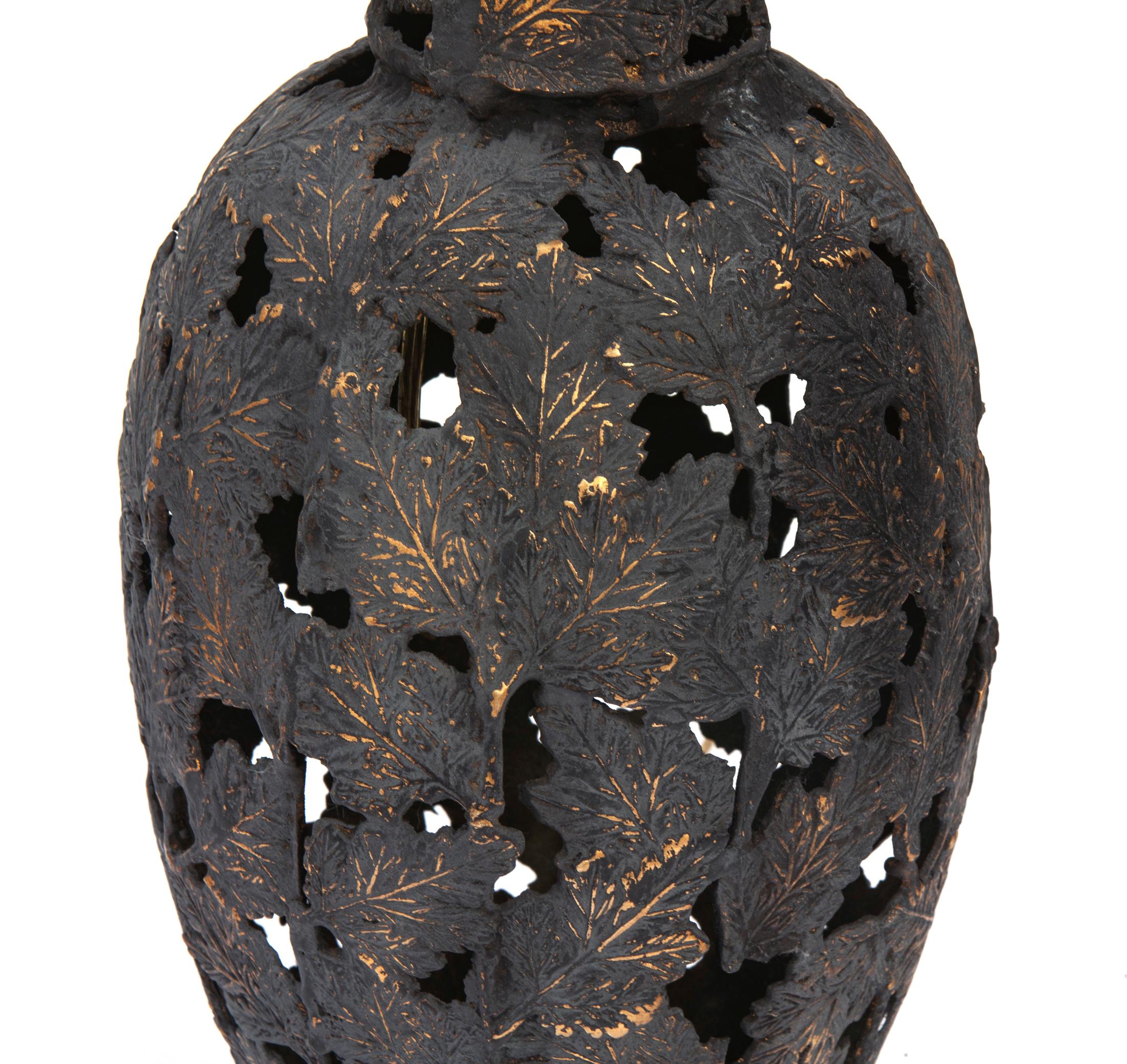 Black & Bronze Iron Asian Reticulated Lamps, a pair In Good Condition For Sale In Malibu, CA
