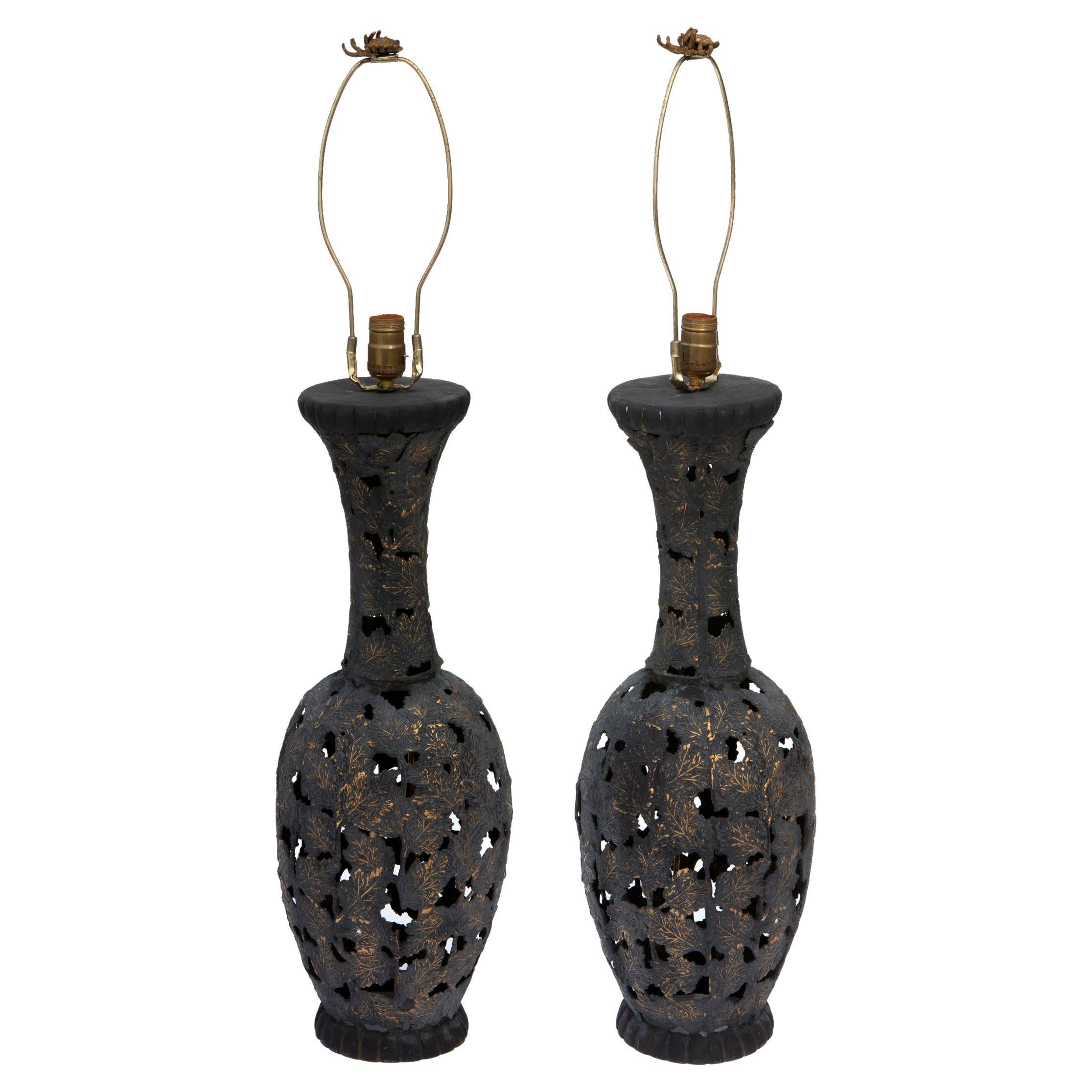 Blacken Bronze & Iron Asian Reticulated Lamps, a pair
