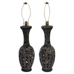 Black & Bronze Iron Asian Reticulated Lamps, a pair
