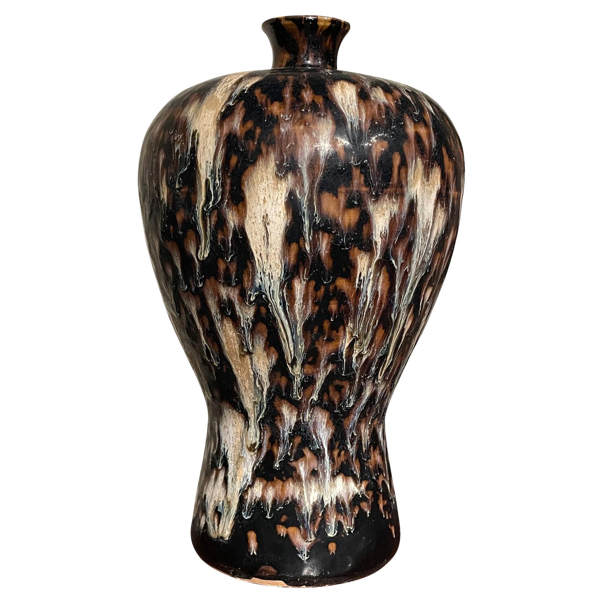 Black, Brown and Cream Tortoise Glaze Hour Glass Shape Vase, China, Contemporary For Sale