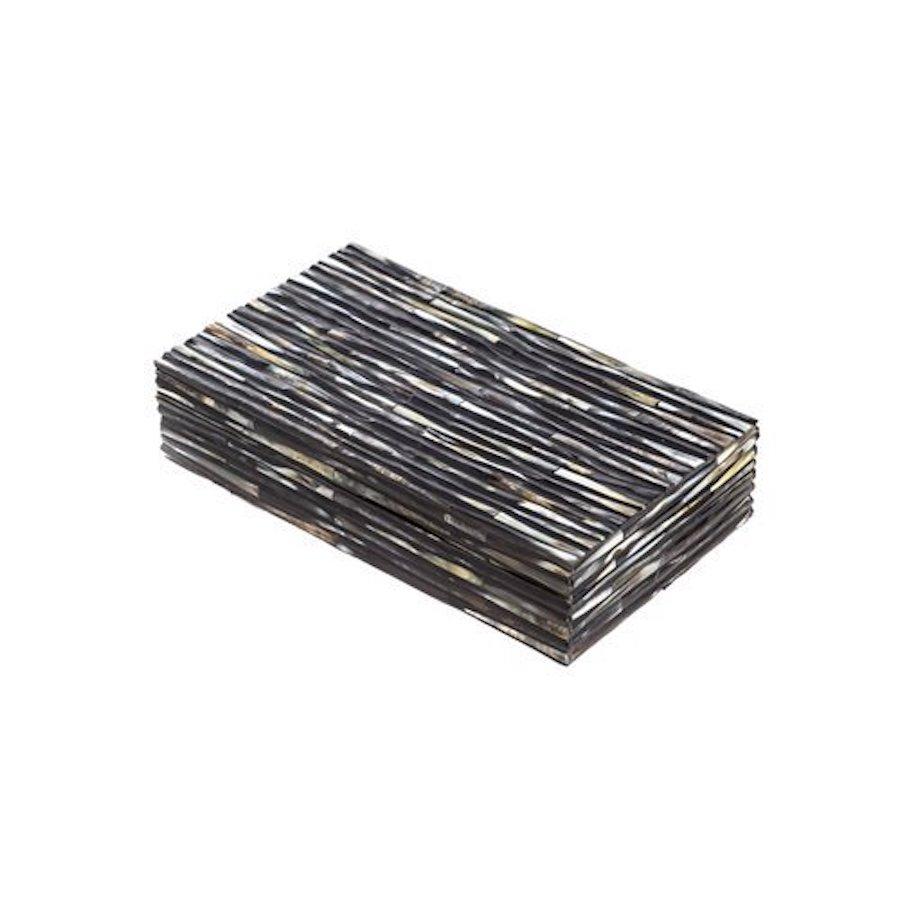 Contemporary Indian horizontal matchstick pattern faux horn lidded box.
Black, brown and cream colorway.