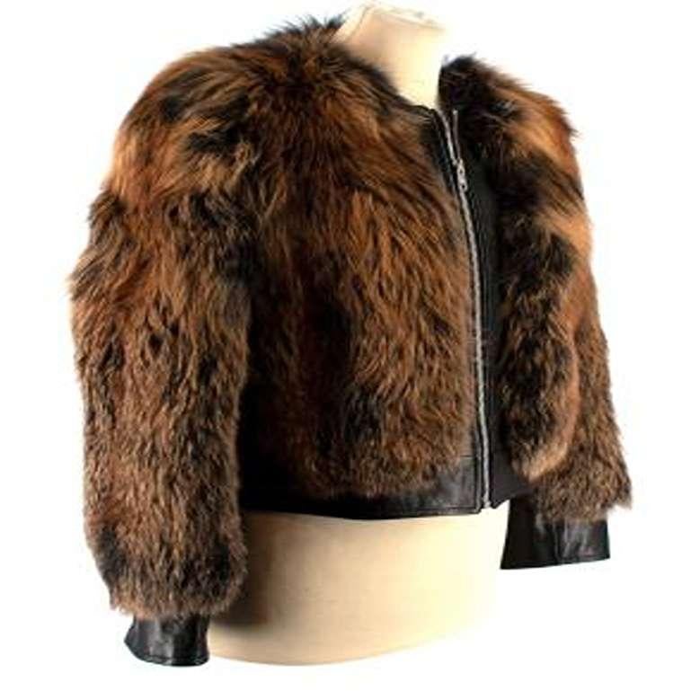 Black & Brown Leather & Fox Fur Jacket In Excellent Condition For Sale In London, GB