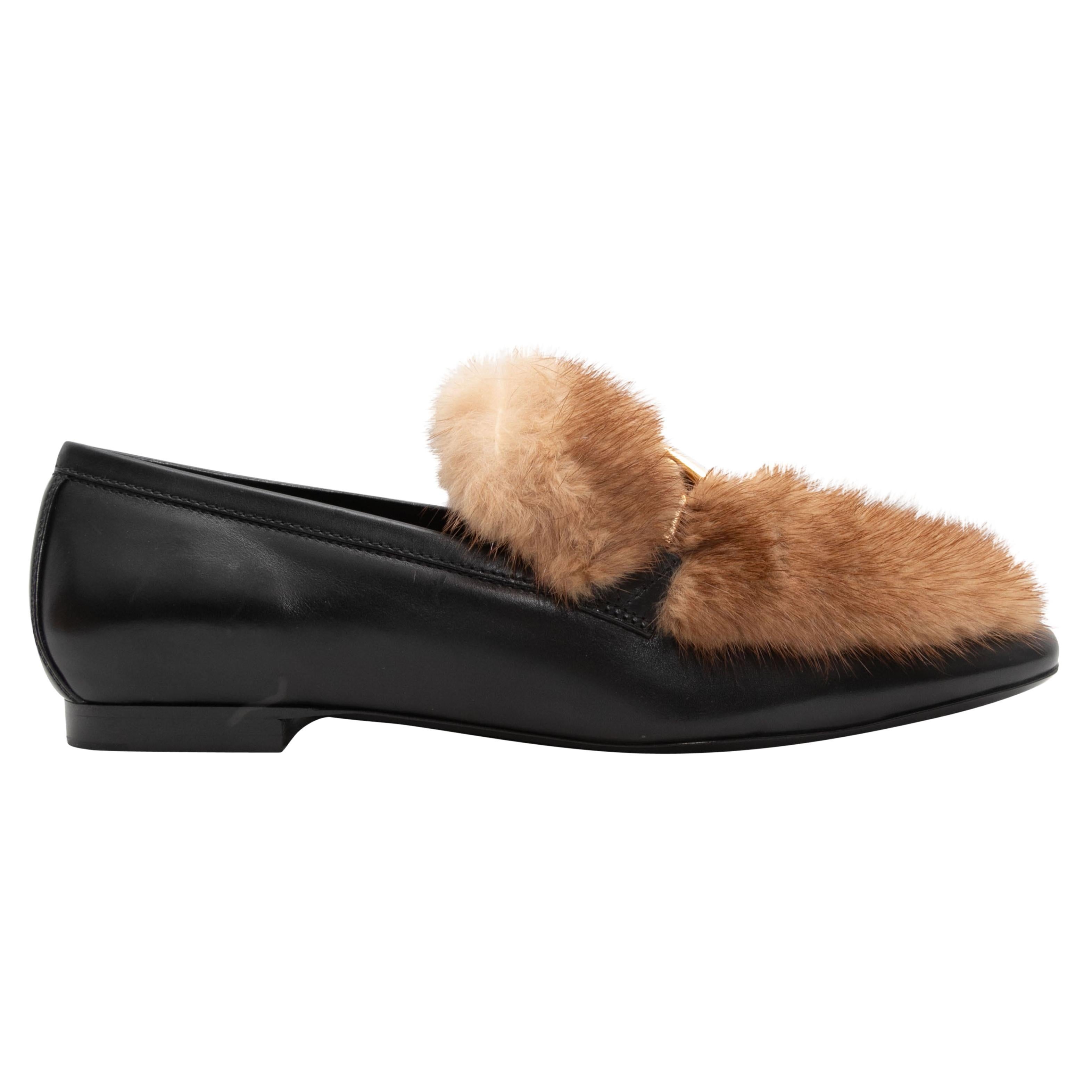 Black & Brown Louis Vuitton Leather & Mink Fur Monogram Loafers Size 39 For Sale