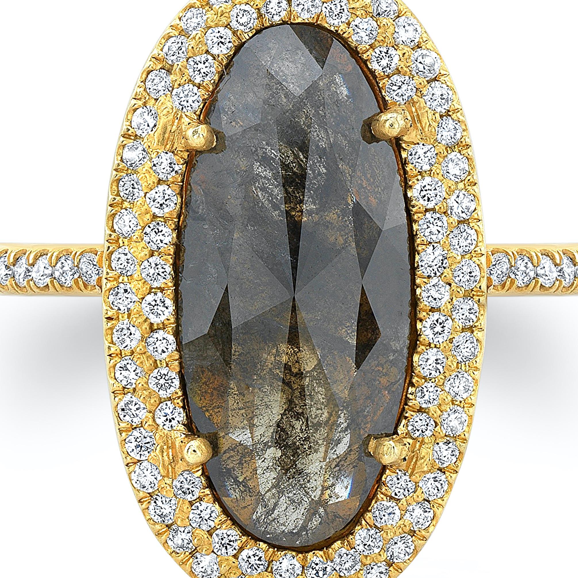 2.07ct Balck & Brown Elongated Oval Diamond Slice Ring with .43ct Diamond Pave and partial Diamond Pave band in 18k Matte Finish Yellow Gold. Diamonds go 2/3 around the band  size 6 1/2. Handmade in Los Angeles. All Diamonds are ethically sourced.