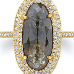 Black & Brown Oval Diamond Slice Ring with Diamond Pave Halo in 18k Yellow Gold