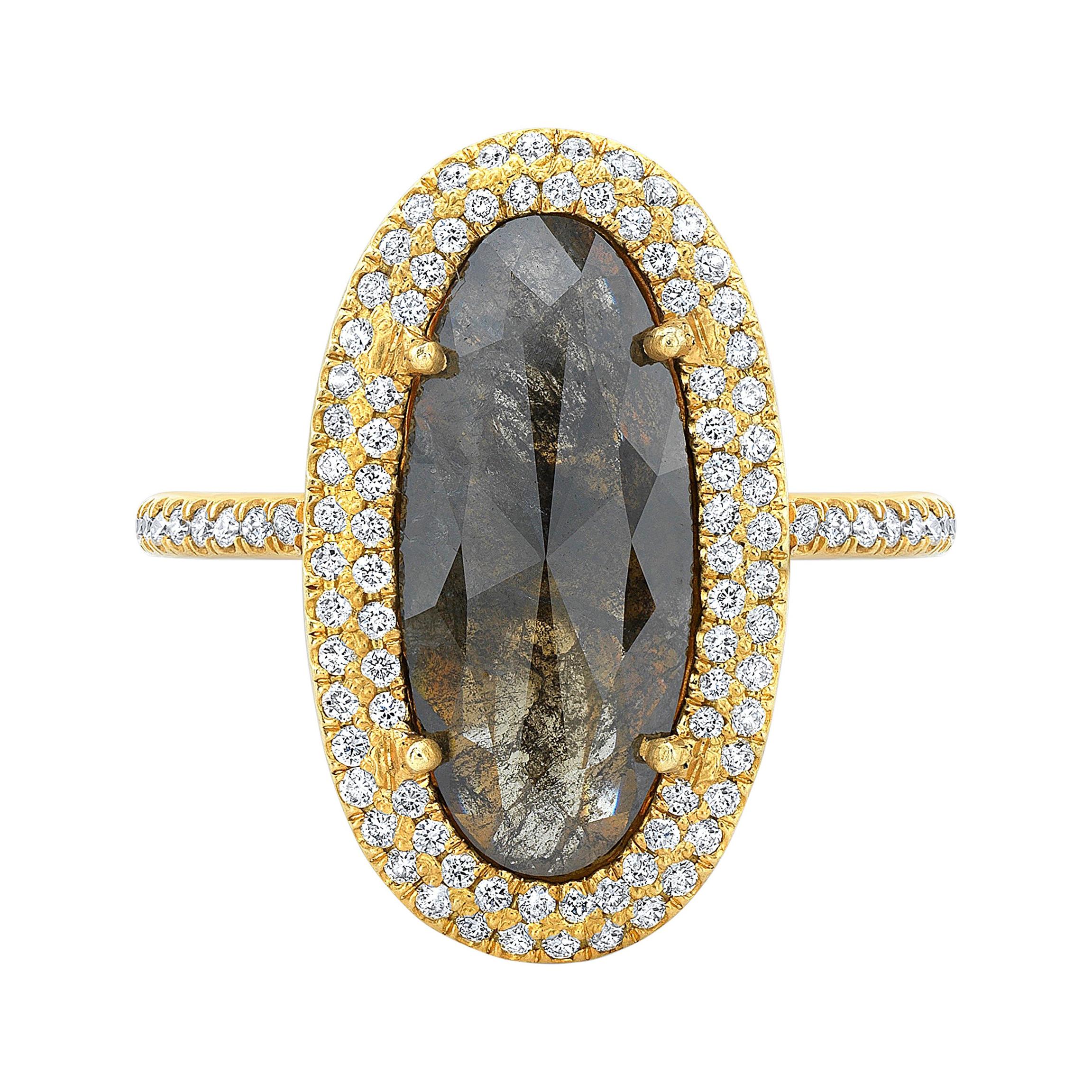 Black & Brown Oval Diamond Slice Ring with Diamond Pave Halo in 18k Yellow Gold For Sale