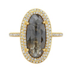 Black & Brown Oval Diamond Slice Ring with Diamond Pave Halo in 18k Yellow Gold