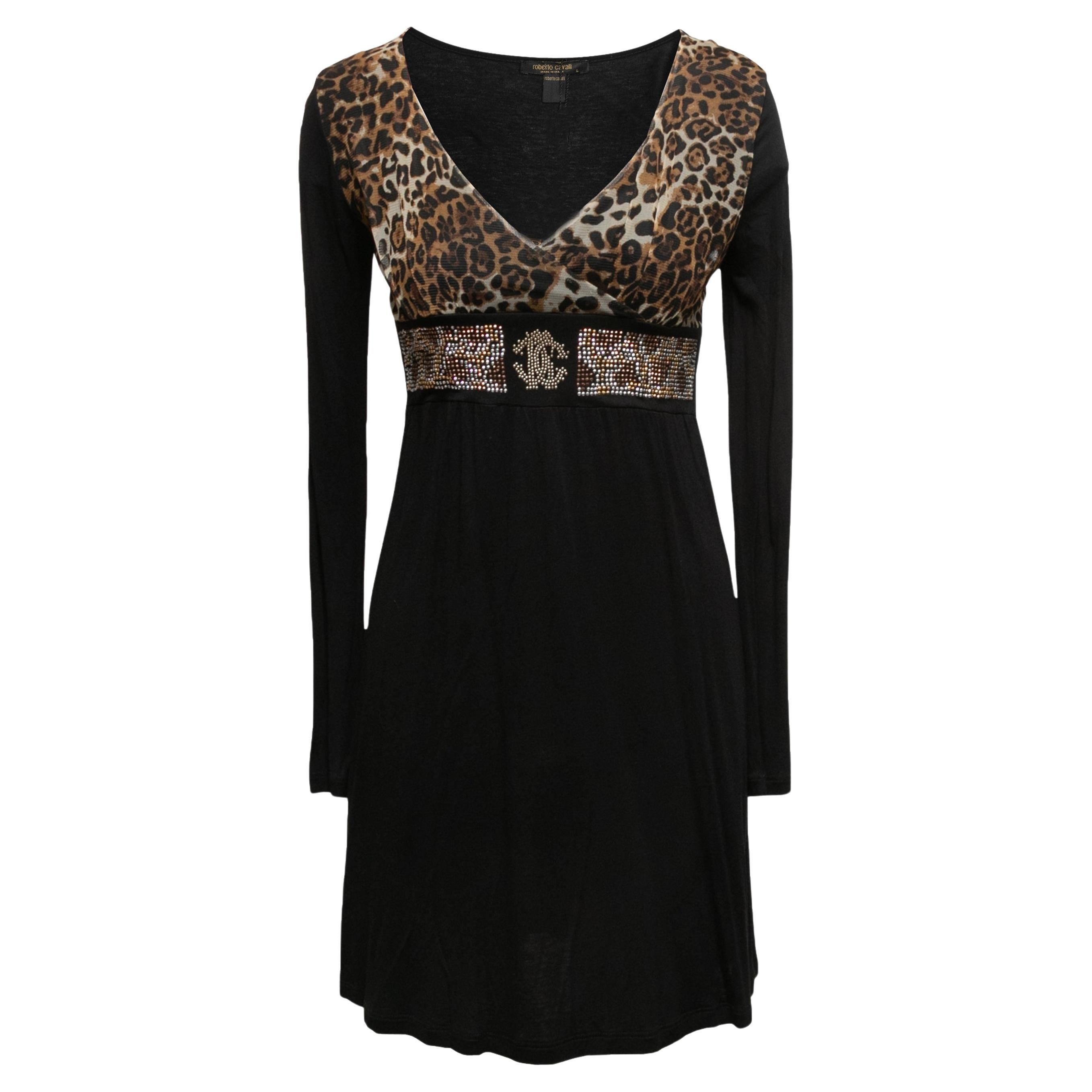 Black & Brown Roberto Cavalli Leopard Print Rhinestone-Embellished Long Sleeve For Sale