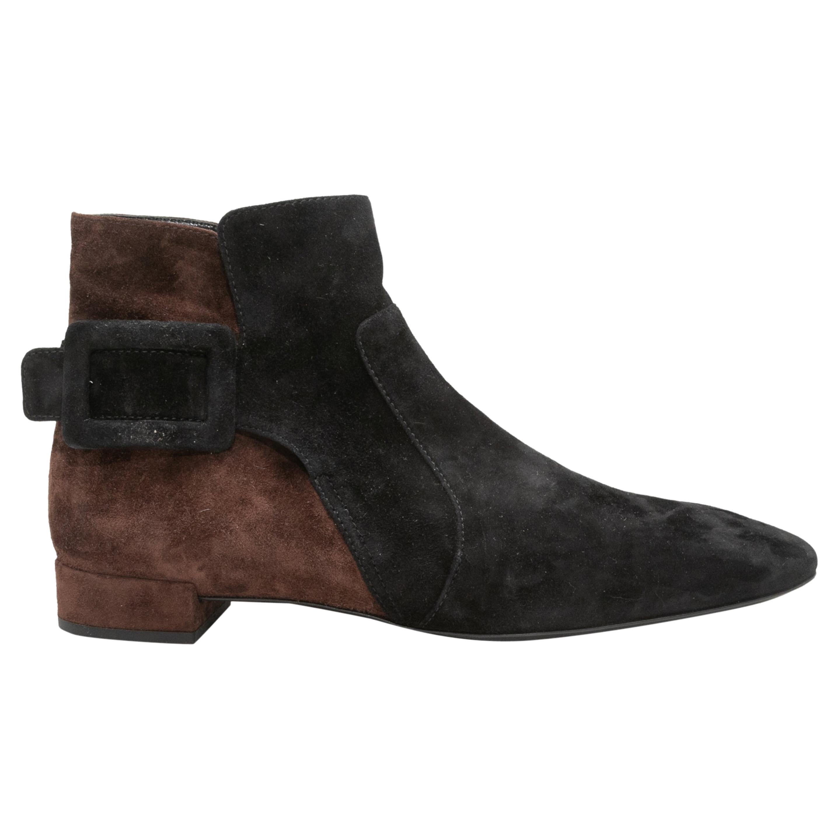 Black & Brown Roger Vivier Suede Ankle Boots Size 40 For Sale