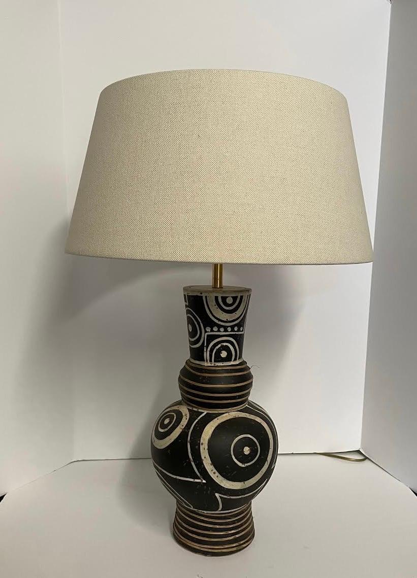 Ceramic Black & Brown Tribal Design Pair of Lamps, China, Contemporary