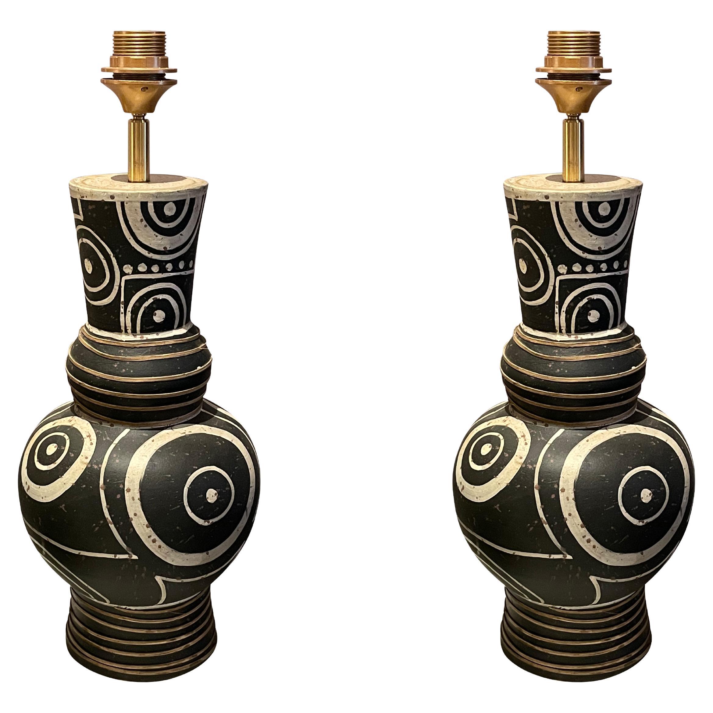 Chinese Black & Brown Tribal Design Pair of Lamps, China, Contemporary