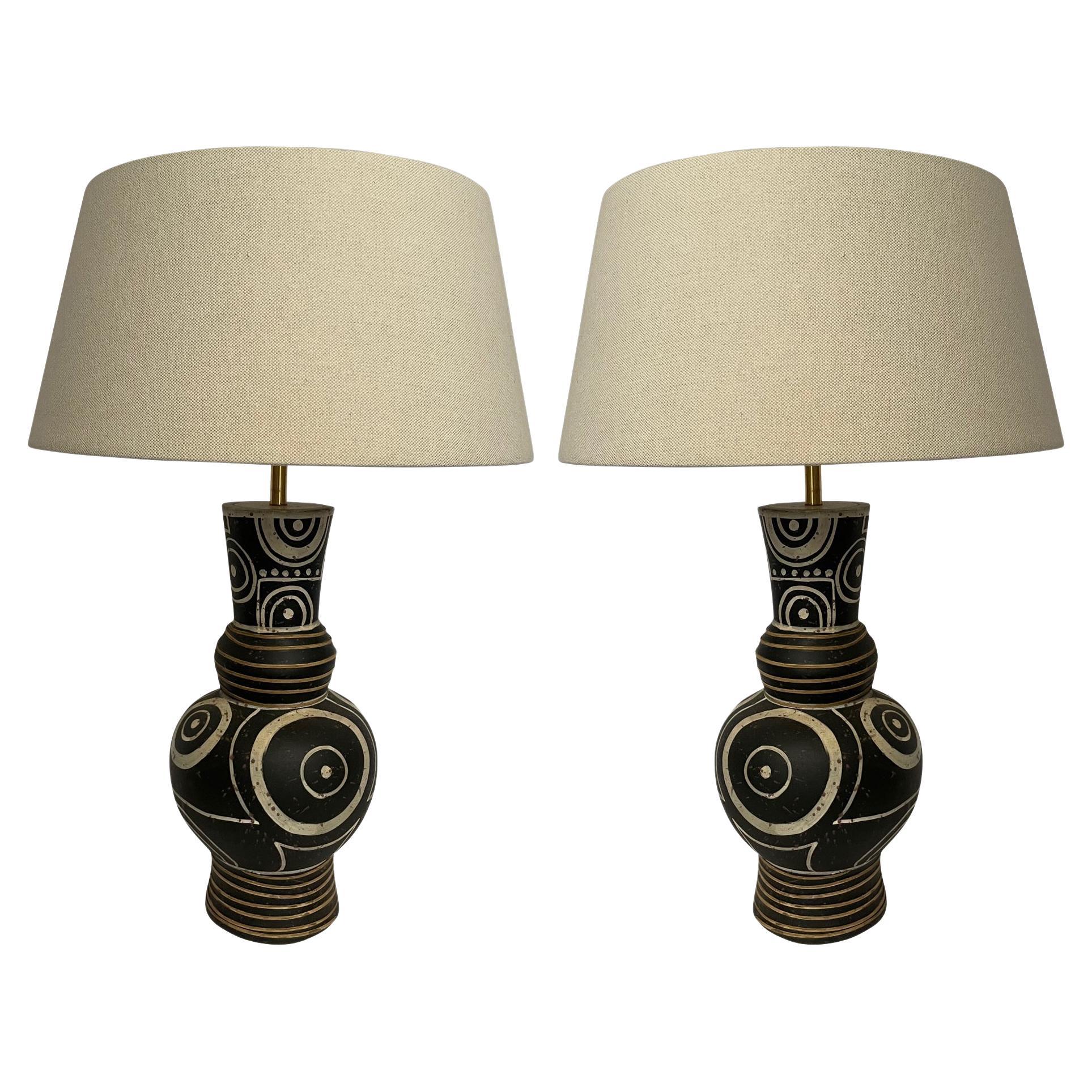 Black & Brown Tribal Design Pair of Lamps, China, Contemporary
