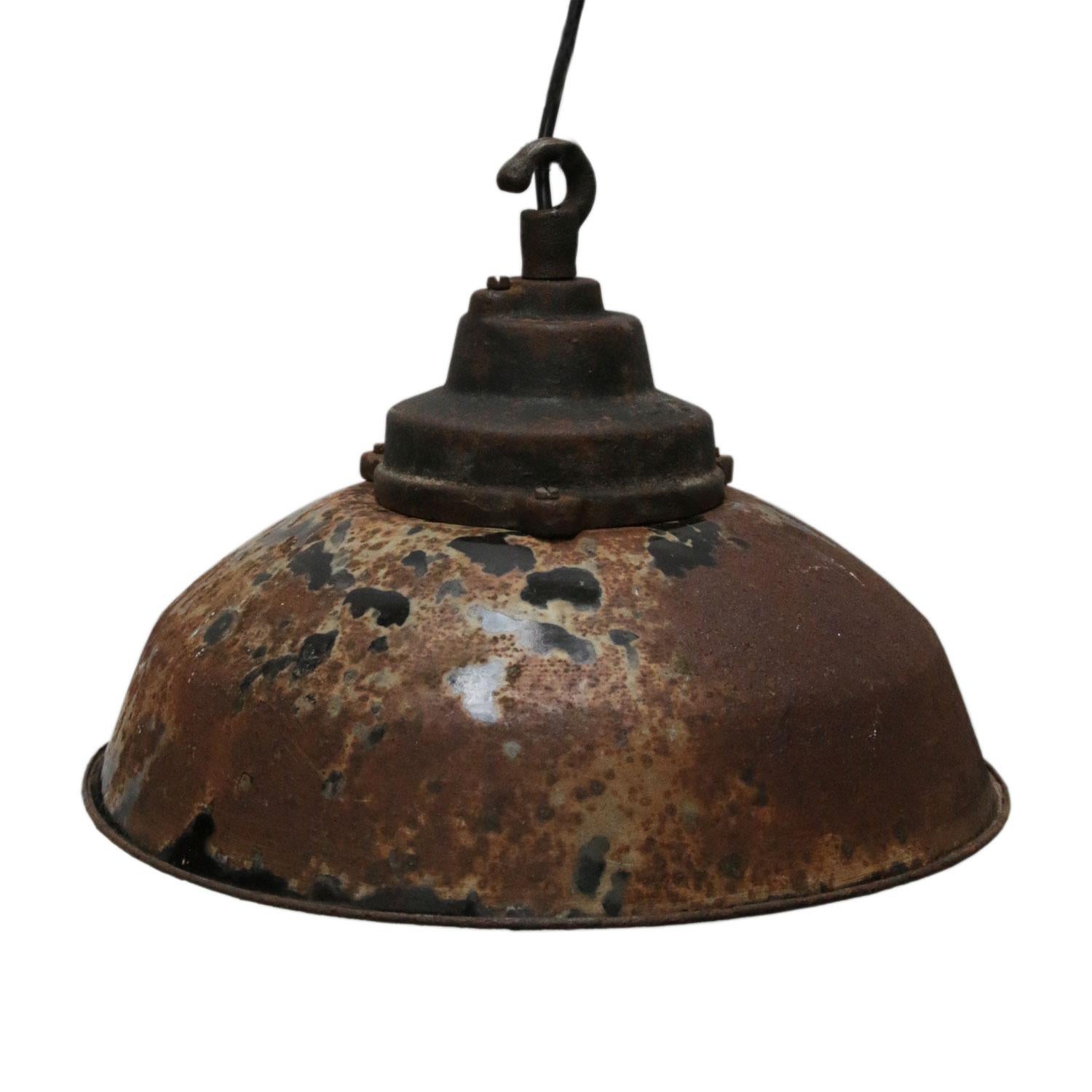 20th Century Black Brown Vintage Industrial French Raw Enamel Pendant with Cast Iron Top