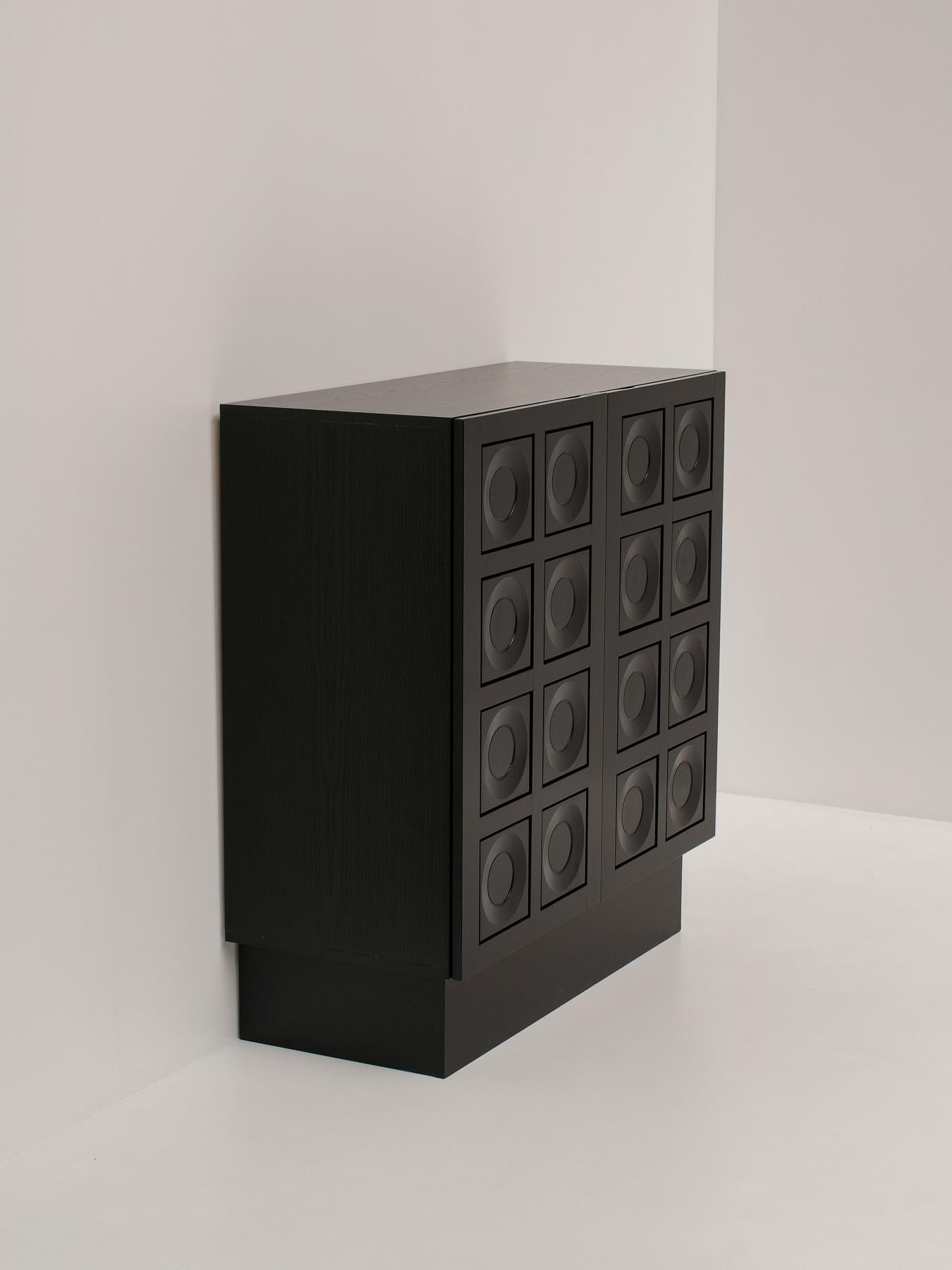 Mid-Century Modern Black Brutalist Bar Cabinet with Graphic Patterned Doors, Belgium, 1970s