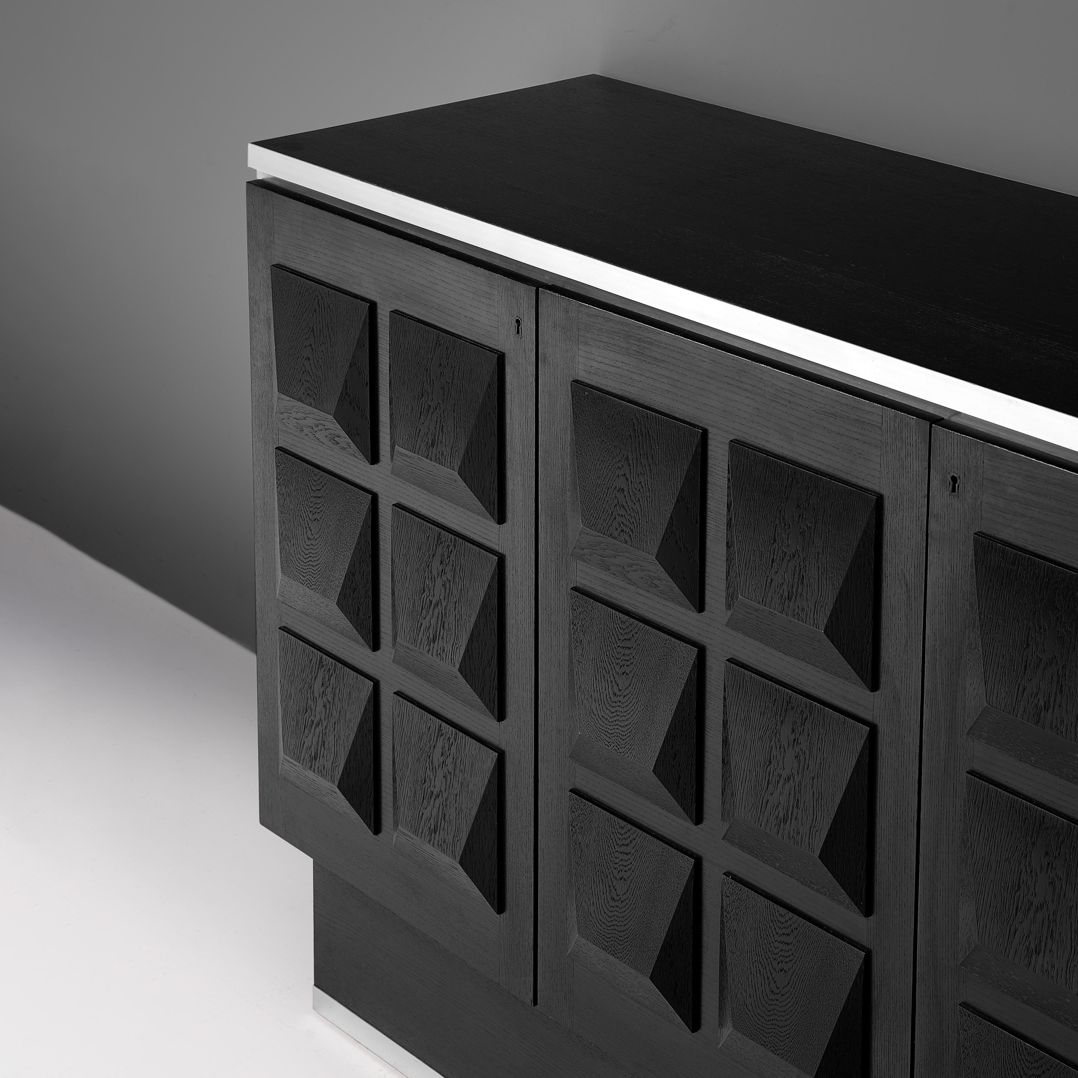 Late 20th Century Black Brutalist Credenza in Oak and Aluminum