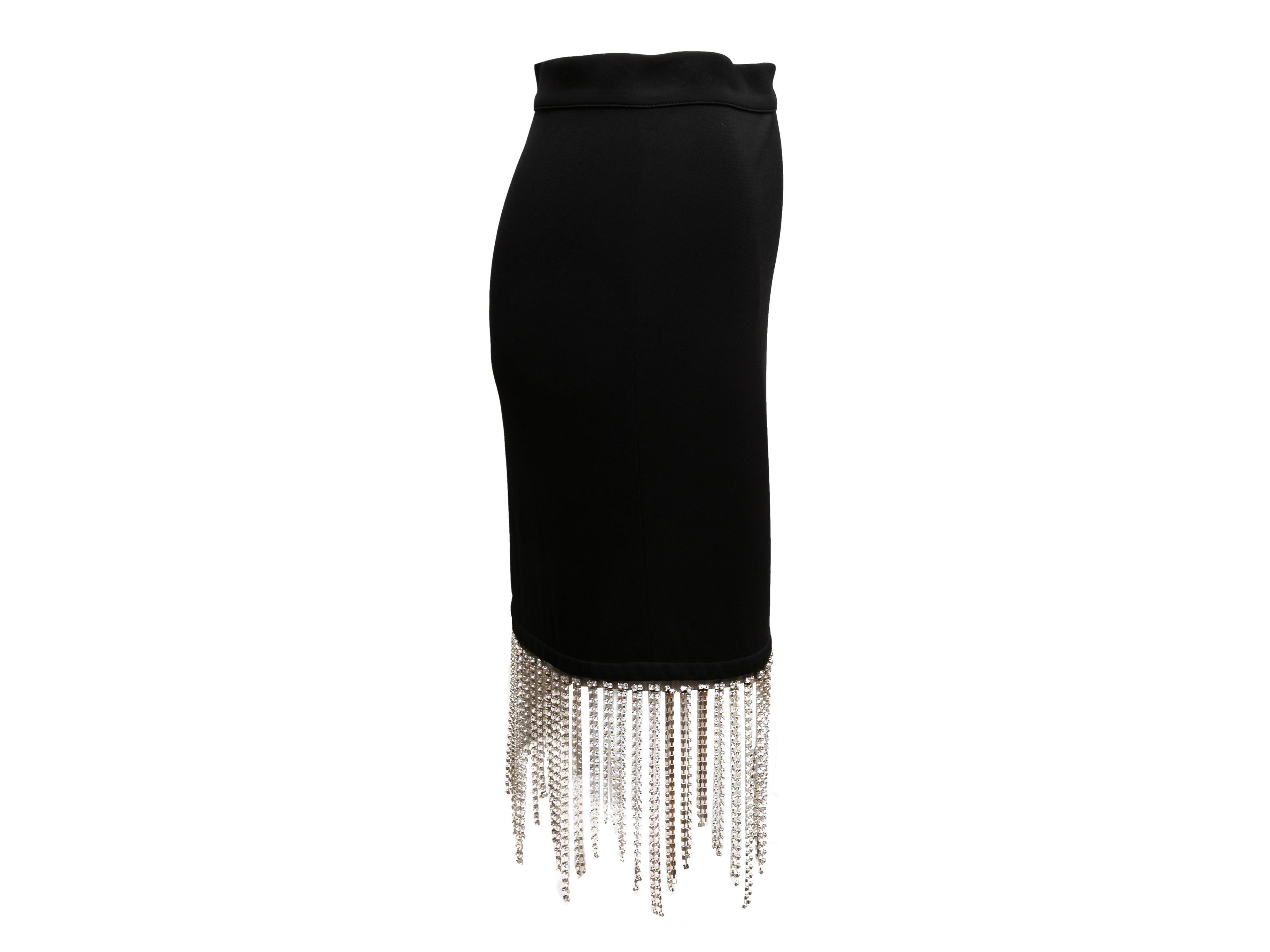 Black bodycon skirt with rhinestone fringe trim hem by Burberry. 27