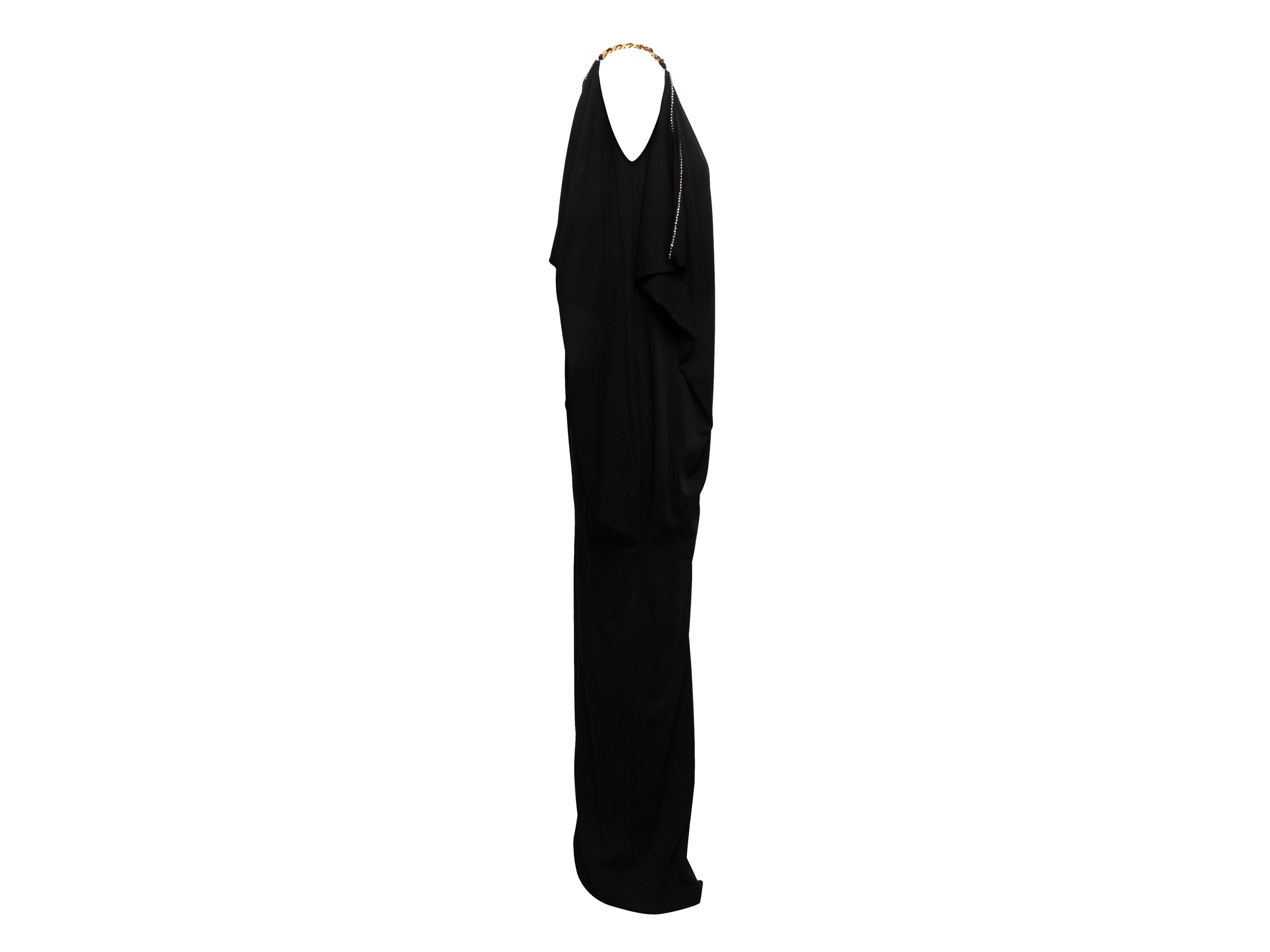 Black sleeveless rhinestone-trimmed maxi dress by Burberry. Round neckline. Gold-tone chain-link shoulder straps. 44