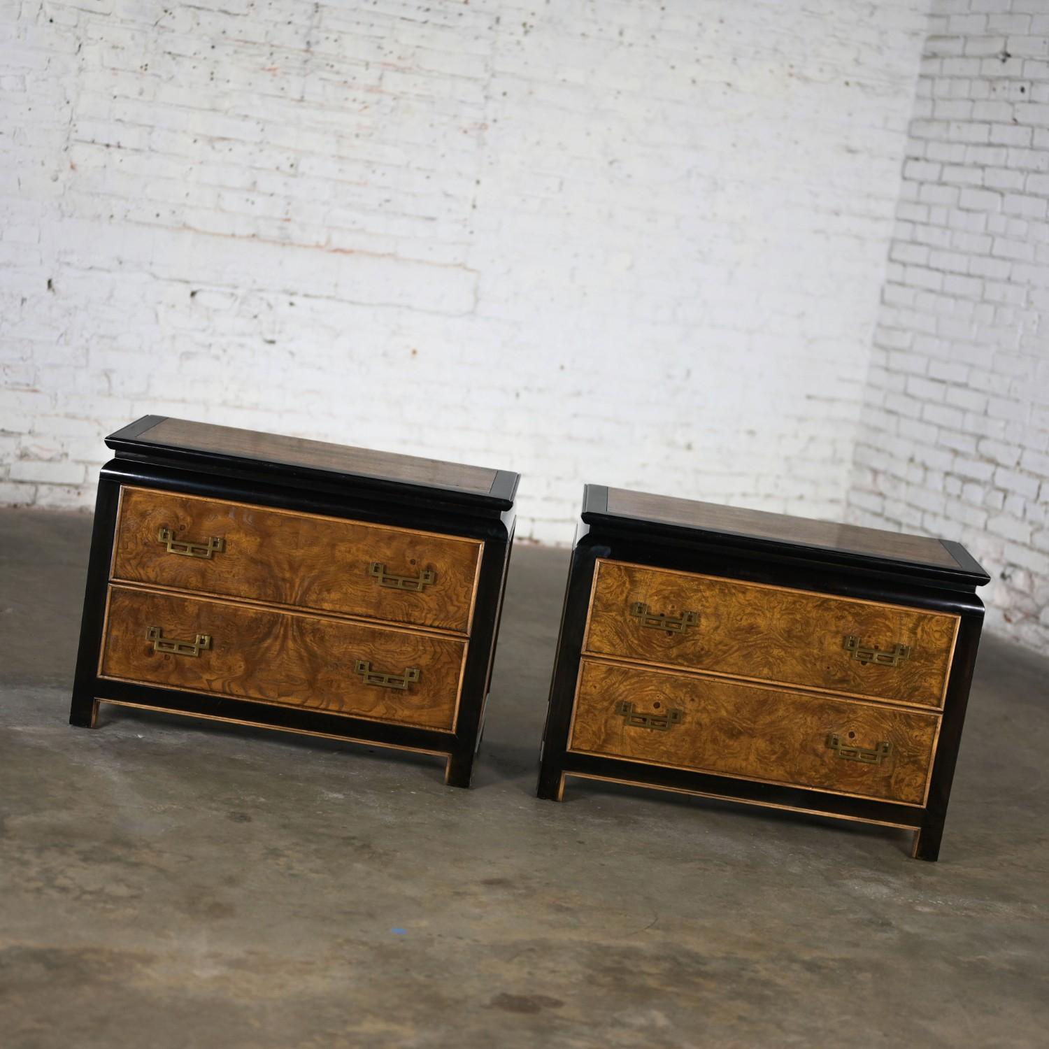 Chinoiserie Black & Burl Chin Hua Nightstands by Raymond K. Sabota for Century Furn a Pair