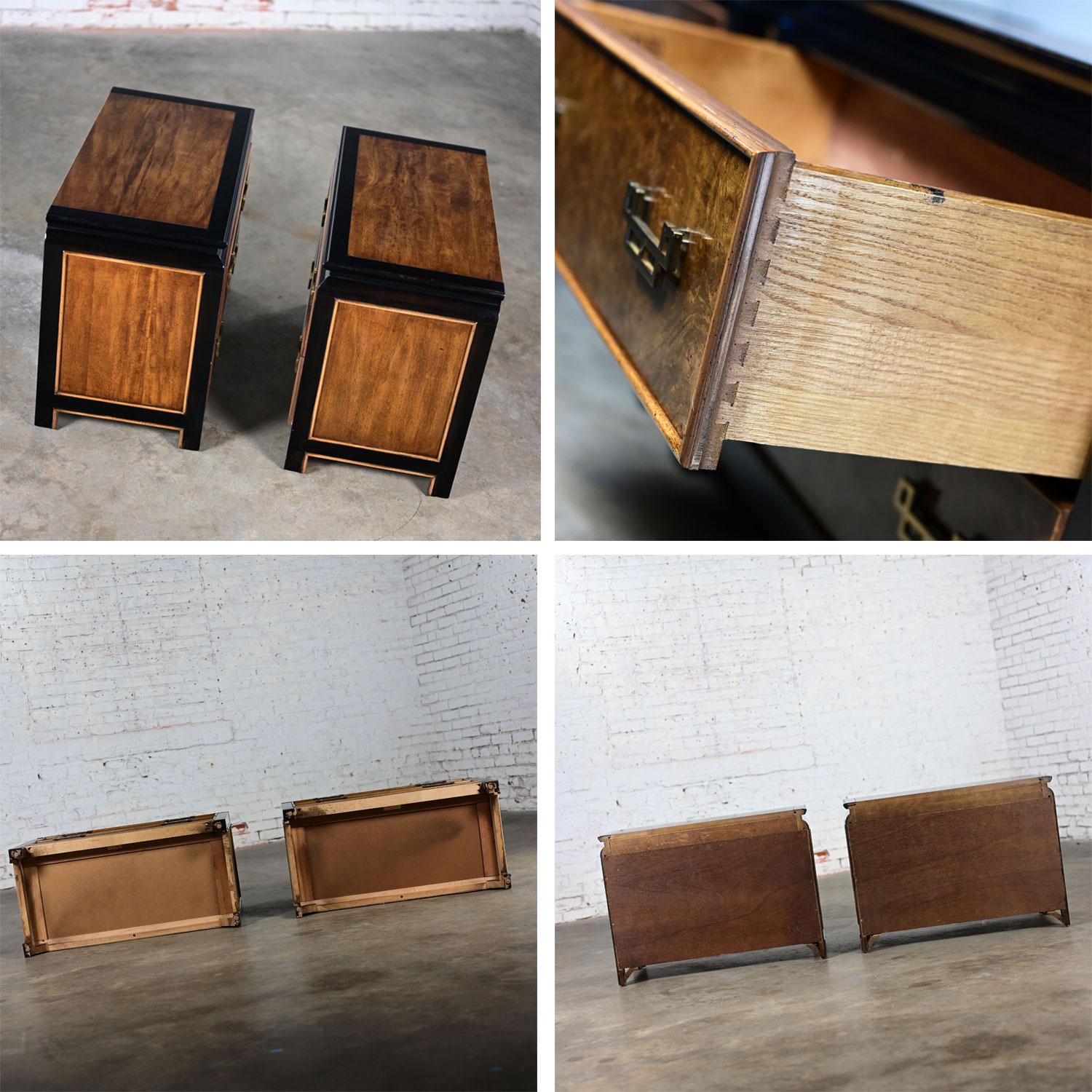 Brass Black & Burl Chin Hua Nightstands by Raymond K. Sabota for Century Furn a Pair