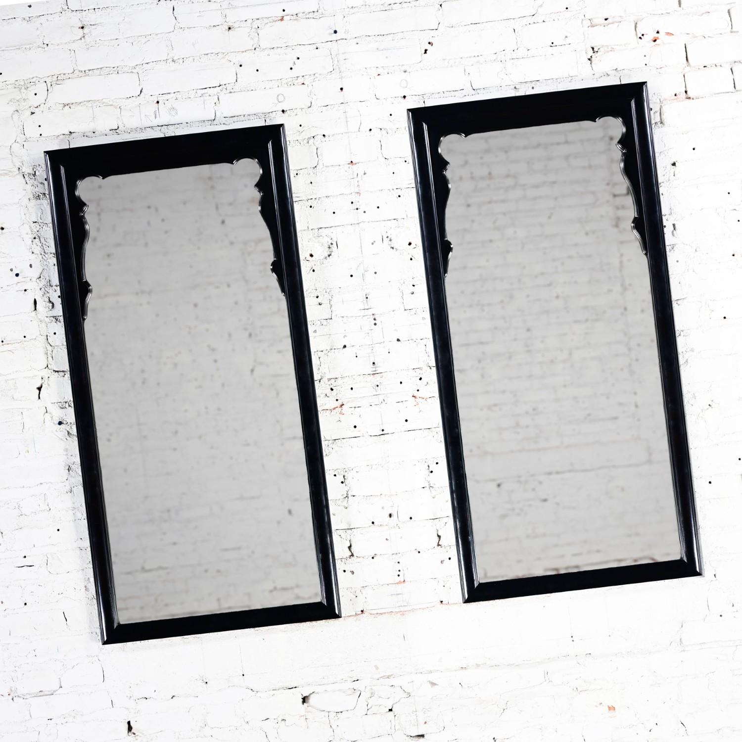 Chinoiserie Black & Burl Chin Hua Pair of Mirrors by Raymond K. Sabota for Century Furn