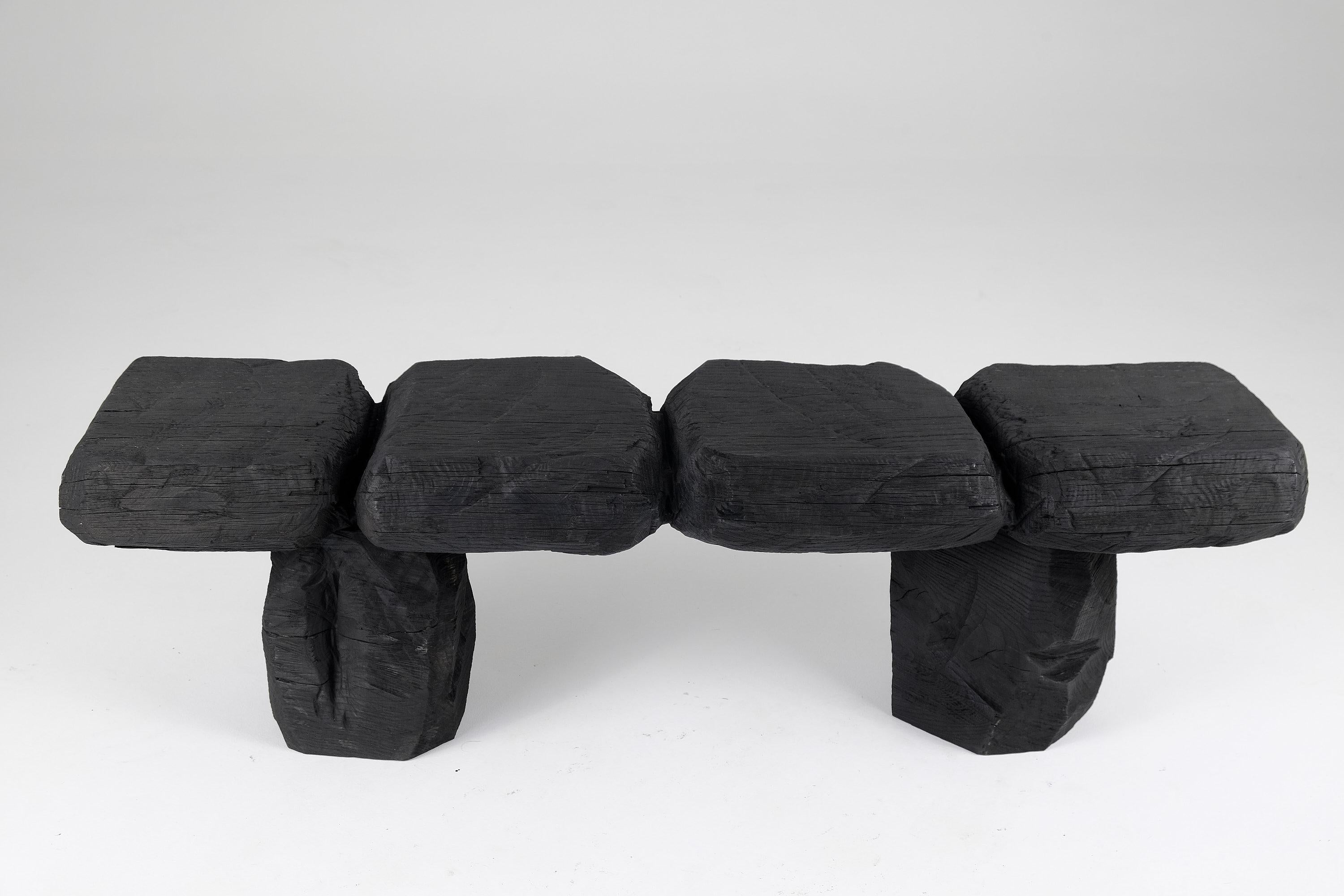 Black Burnt Wood, Brutalist Bench, Outdoor & Indoor, Natural and Eco Friendly For Sale 2