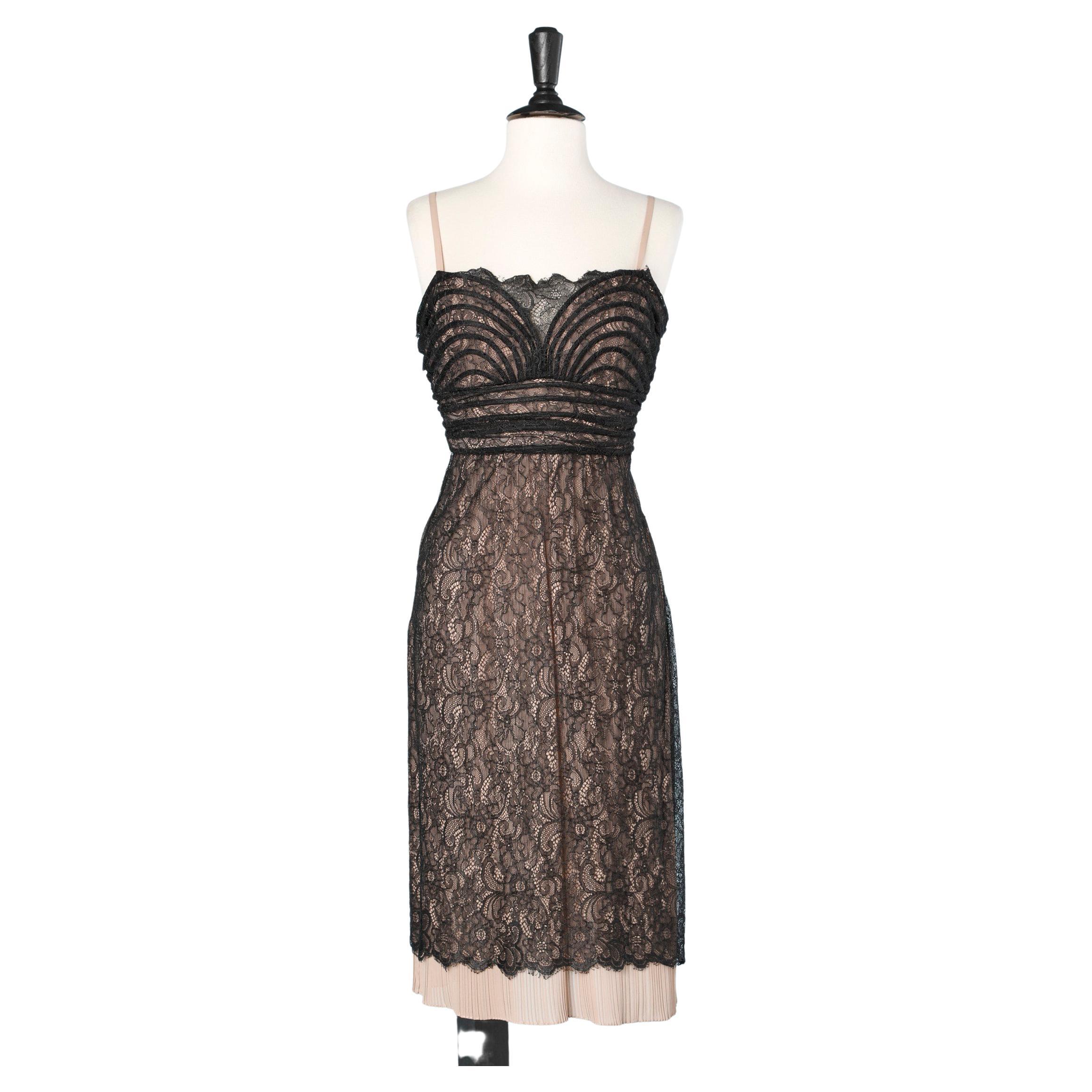 Black bustier dress with lace and sunary pleated lays Roberto Cavalli Class  For Sale