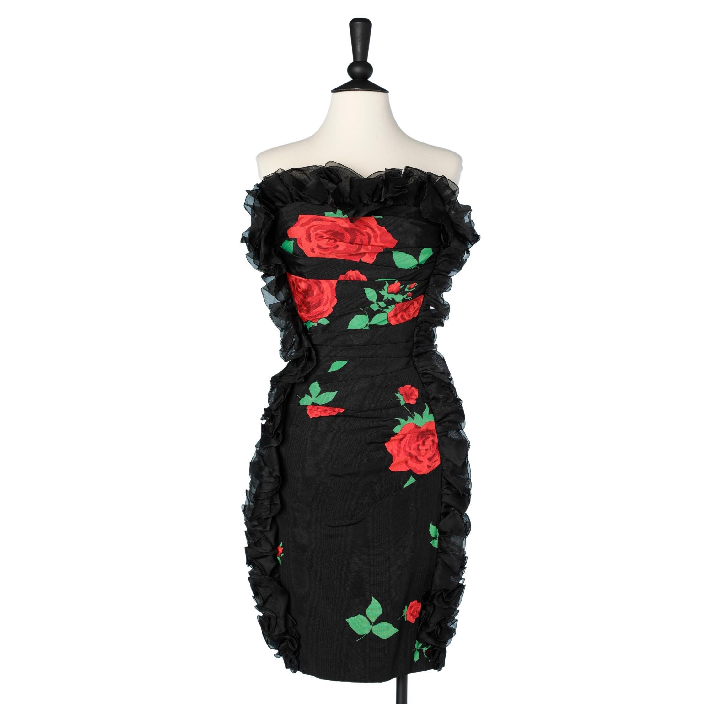 Black bustier dress with red roses printed and black chiffon ruffles Ungaro 