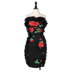 Black bustier dress with red roses printed and black chiffon ruffles Ungaro 