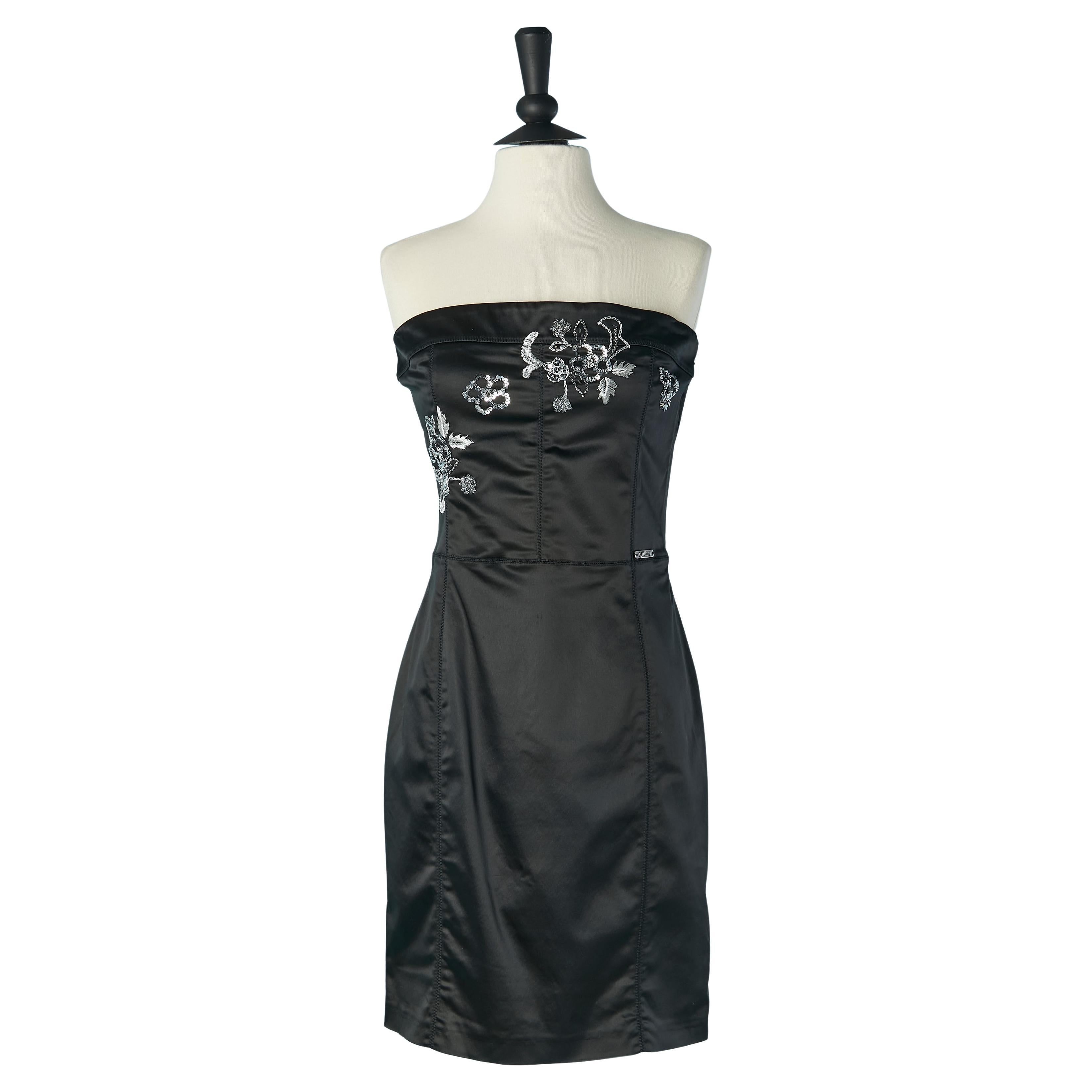 Black bustier dress with silver embroideries GALLIANO For Sale