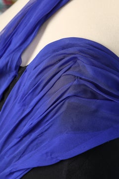 Black bustier evening dress with blue sunray chiffon draped