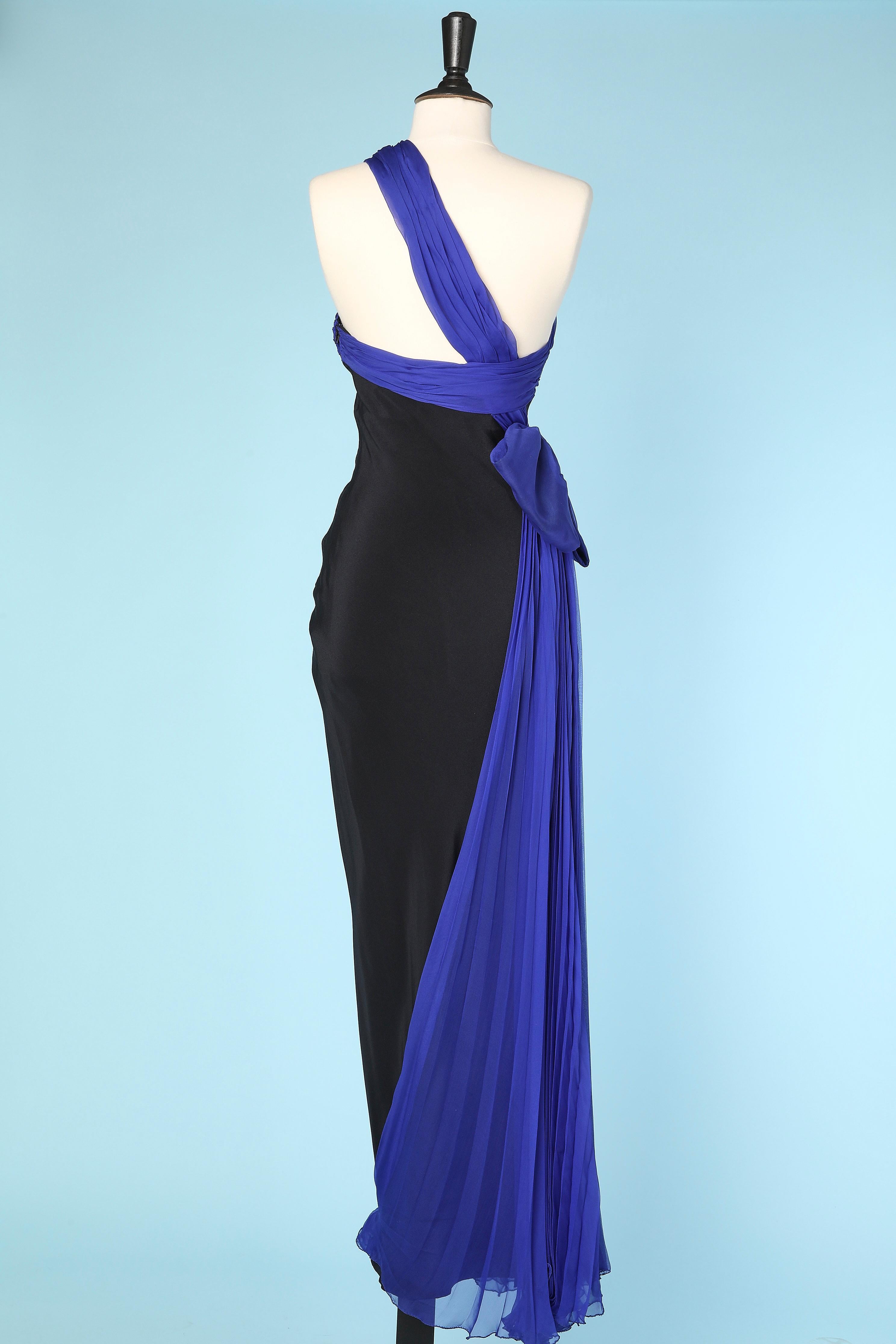 Black bustier evening dress with blue sunray chiffon draped  For Sale 1
