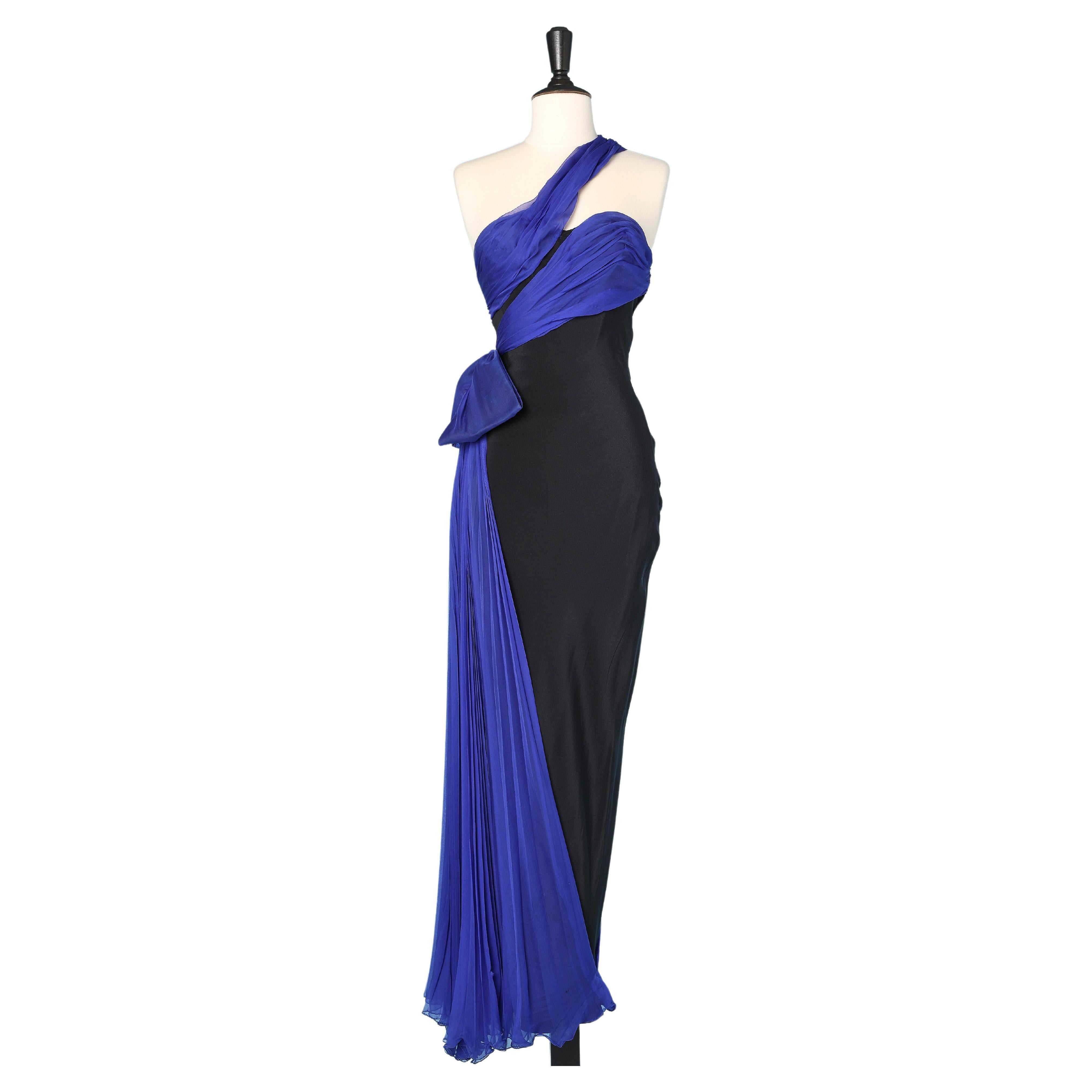 Black bustier evening dress with blue sunray chiffon draped  For Sale