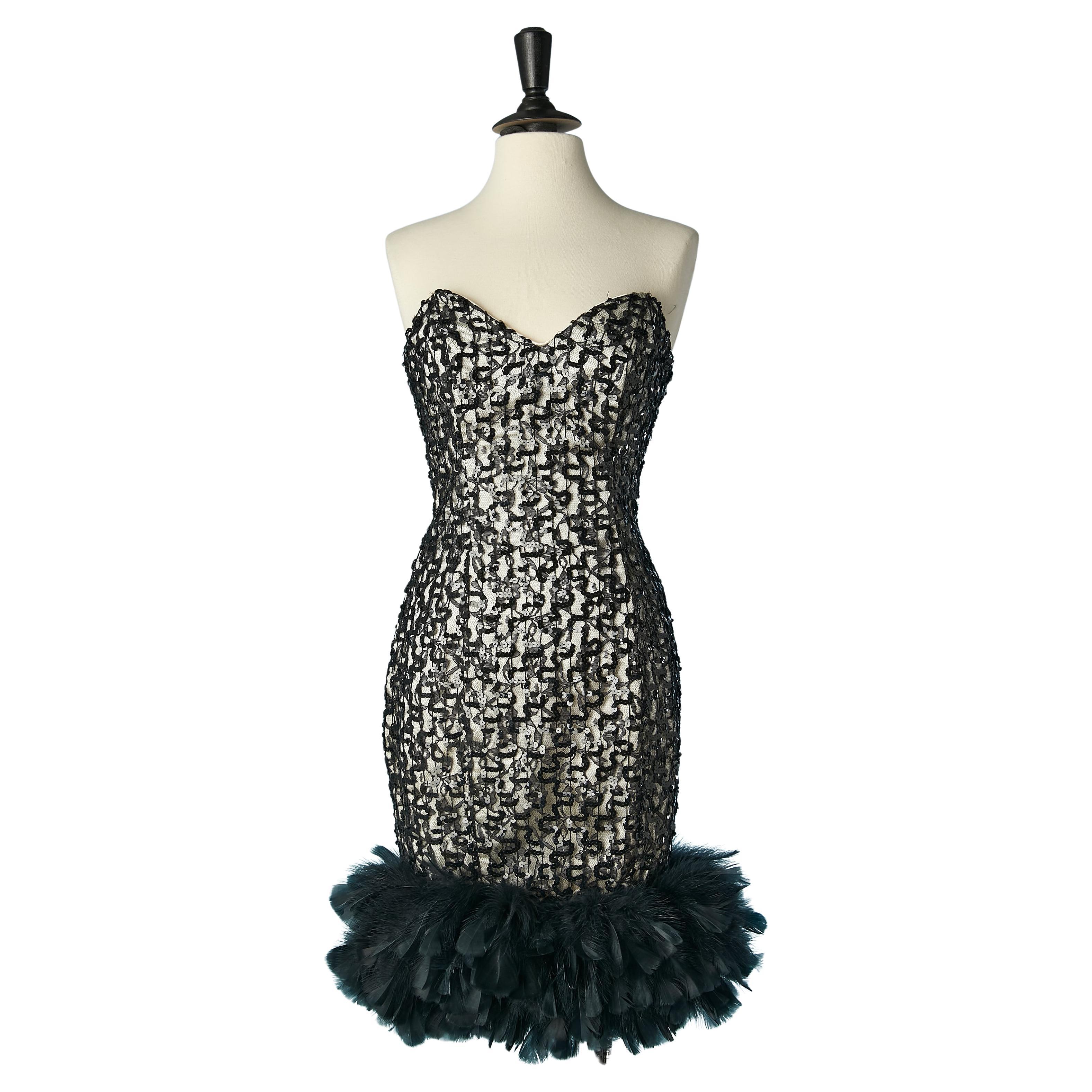 Black bustier lace and feather cocktail dress HOLLYWOOD NITES For Sale