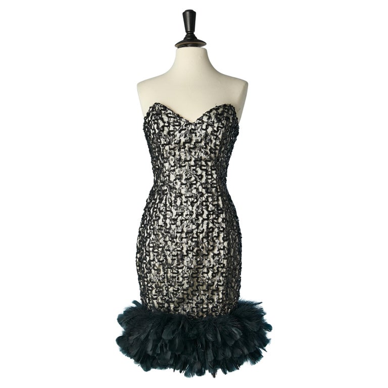 Black bustier lace and feather cocktail dress HOLLYWOOD NITES For Sale at  1stDibs